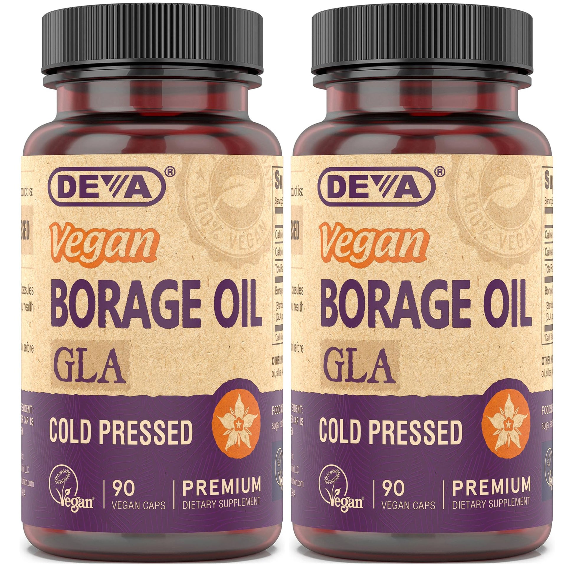DEVA Vegan Vitamins, Borage Oil 500mg, Source of Omega-6 Fatty Acid GLA (Gamma linolenic Acid), Cold-Pressed & Unrefined, Capsules, 180 Count