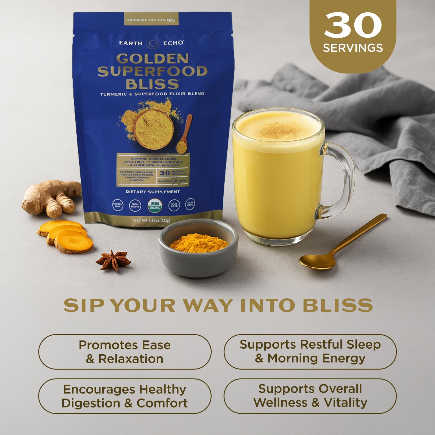 Earth Echo Golden Bliss Organic Golden Milk with Turmeric and Ginger Powder, 30 Servings