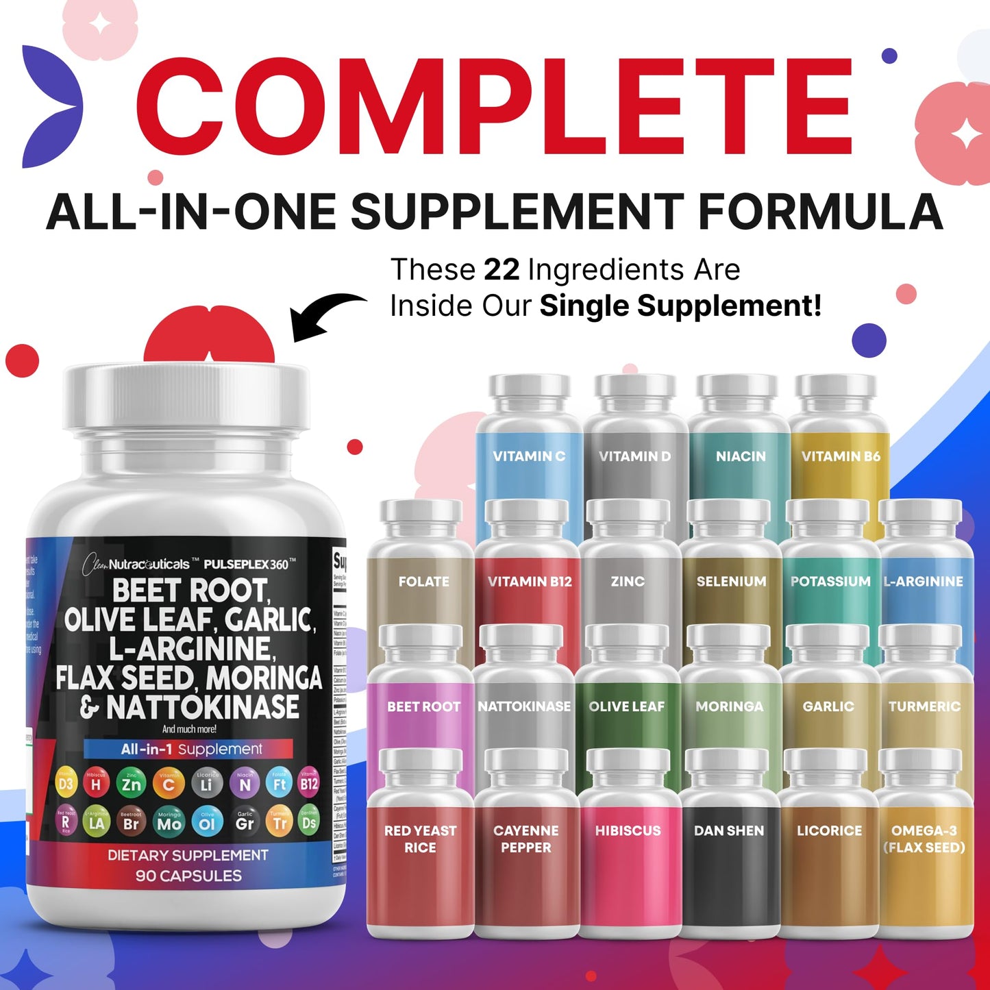 Clean Nutraceuticals Beet Root Capsule Blend with Olive Leaf Nattokinase Garlic Extract L-Arginine Omega-3 Red Yeast Rice Hibiscus Danshen - Healthy Support Supplement - 90 Capsules
