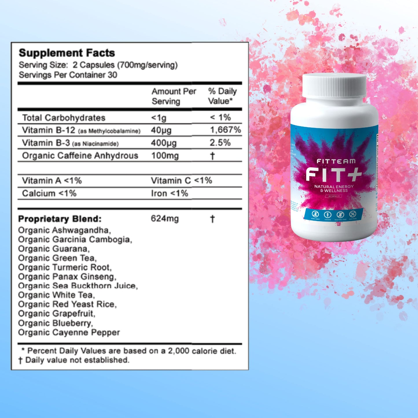 FITTEAM GLOBAL FIT Plus Organic Energy and Wellness Capsules, 60 Count