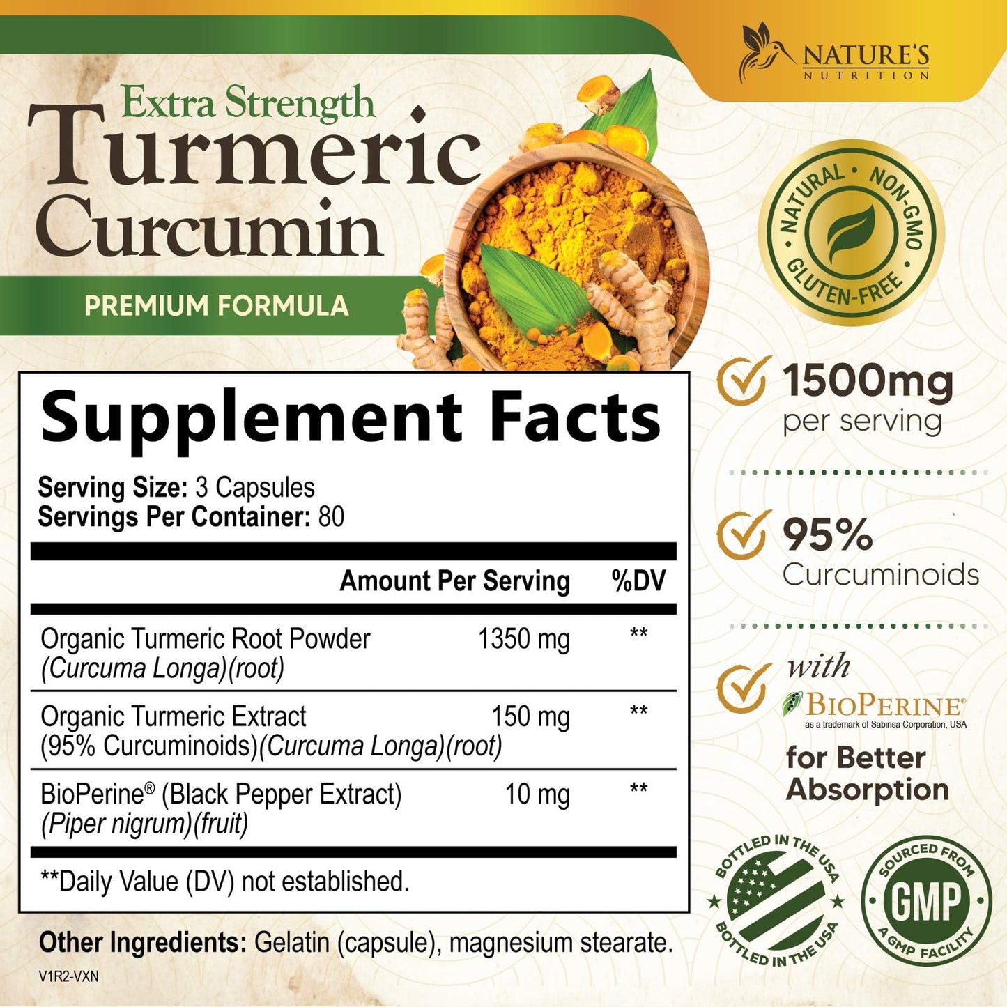 Nature's Nutrition Turmeric Curcumin Supplement 1500mg with BioPerine Black Pepper for Absorption, Organic Turmeric & 95% Curcuminoids, Joint & Immune Support, Non-GMO, 240 Capsules