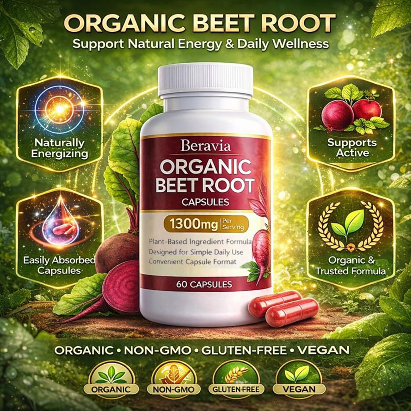 Beravia Organic Beet Root Capsules 1300 mg Beetroot per Serving, 60 Capsules