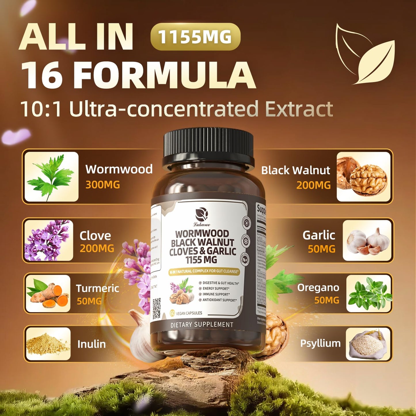Lukaree 16-in-1 Wormwood Black Walnut Clove Cleanse - Gut Health Capsules, 120 Count