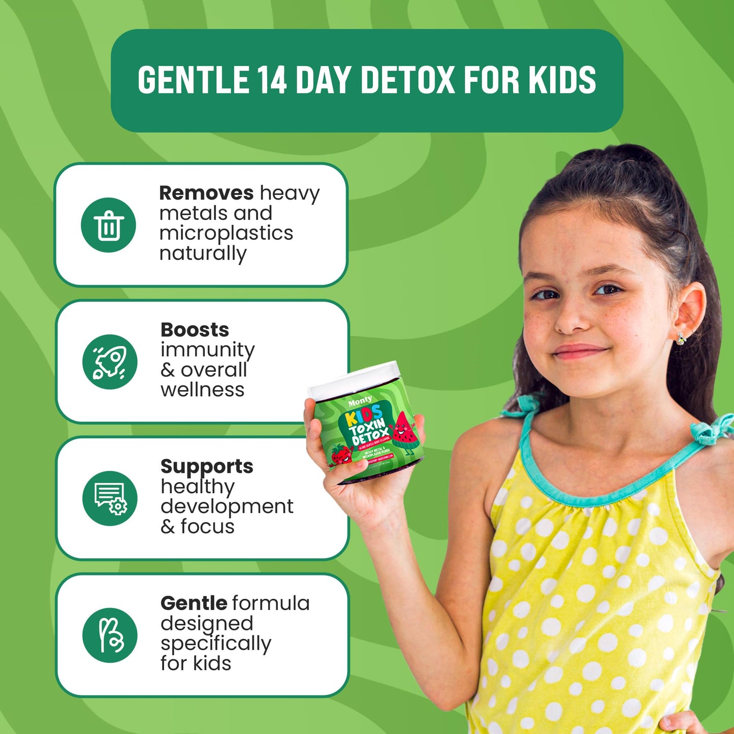 Monty Supplements Zeolite Detox for Kids, Heavy Metal & Microplastic Detox, Development, Behavior, Energy and Gut Health, Vegan Gummies w/Chlorella & Fibersol-2, Strawberry Watermelon Flavor, 28 Count