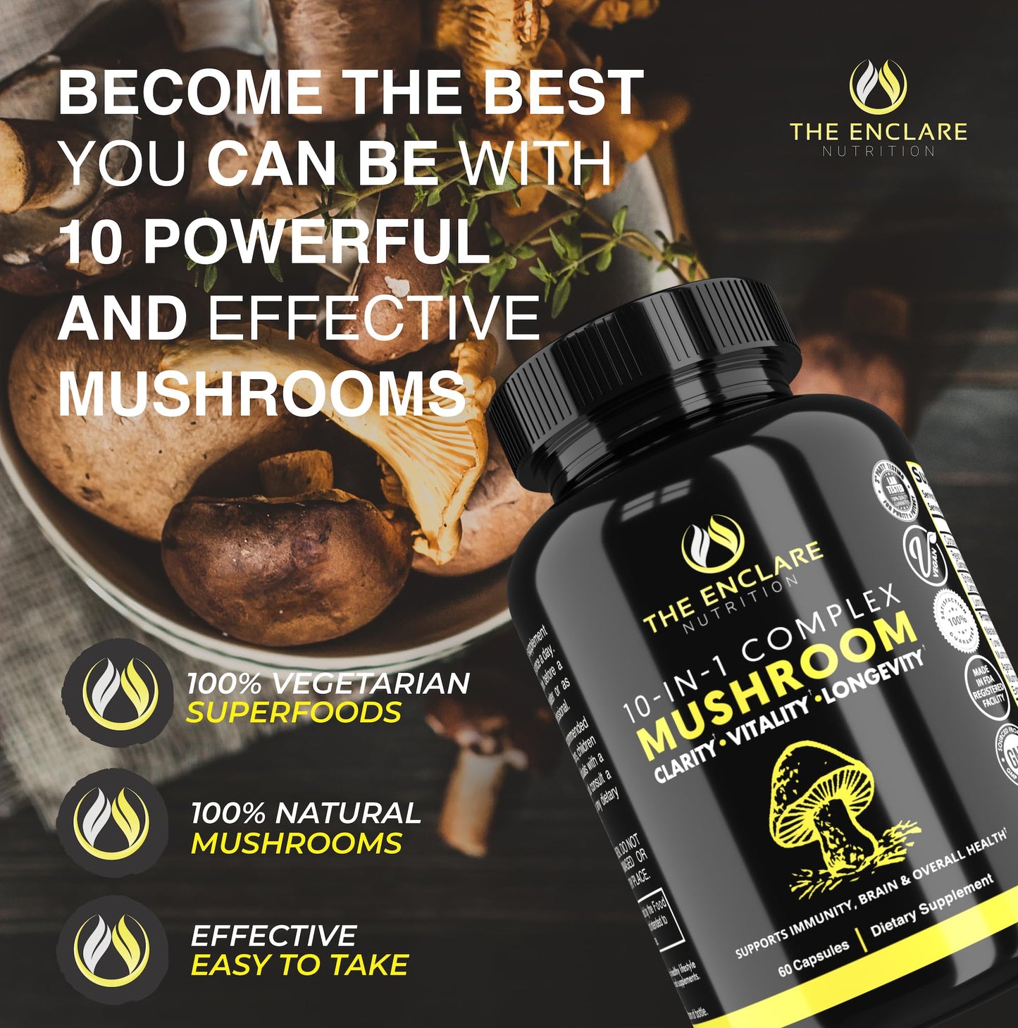 THE ENCLARE NUTRITION Mushroom Supplement 10in1 Complex Immune Support Lions Mane, Reishi, Turkey Tail, Cordyceps, Chaga, Maitake, Shiitake, Agaricus Nootropic Brain Energy Booster, Capsules, 60 Count