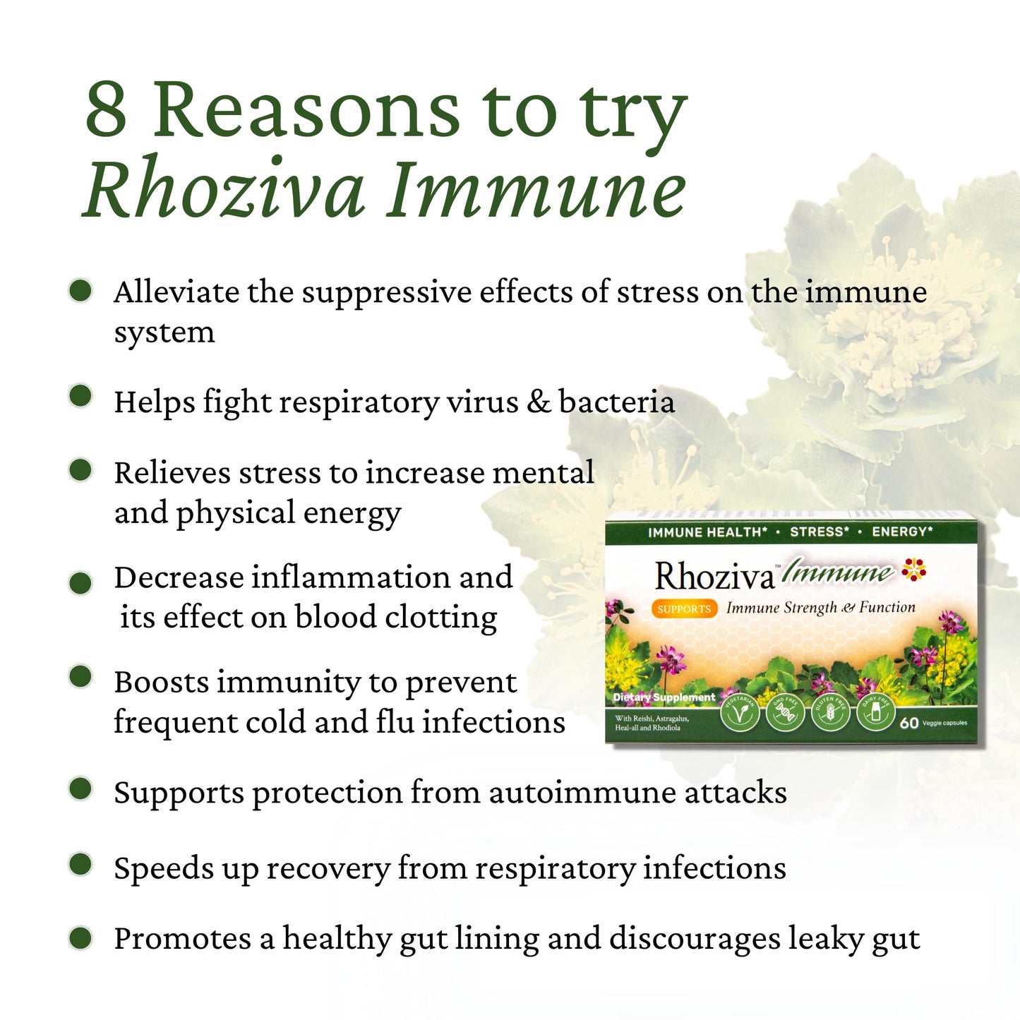 Rhoziva Immune Support, Energy Booster with Vitamin C, D3 and Zinc Supplement, Rhodiola Rosea, Reishi Mushroom Extract, Astragalus, Overall Wellness and Daily Habit 60 Capsules
