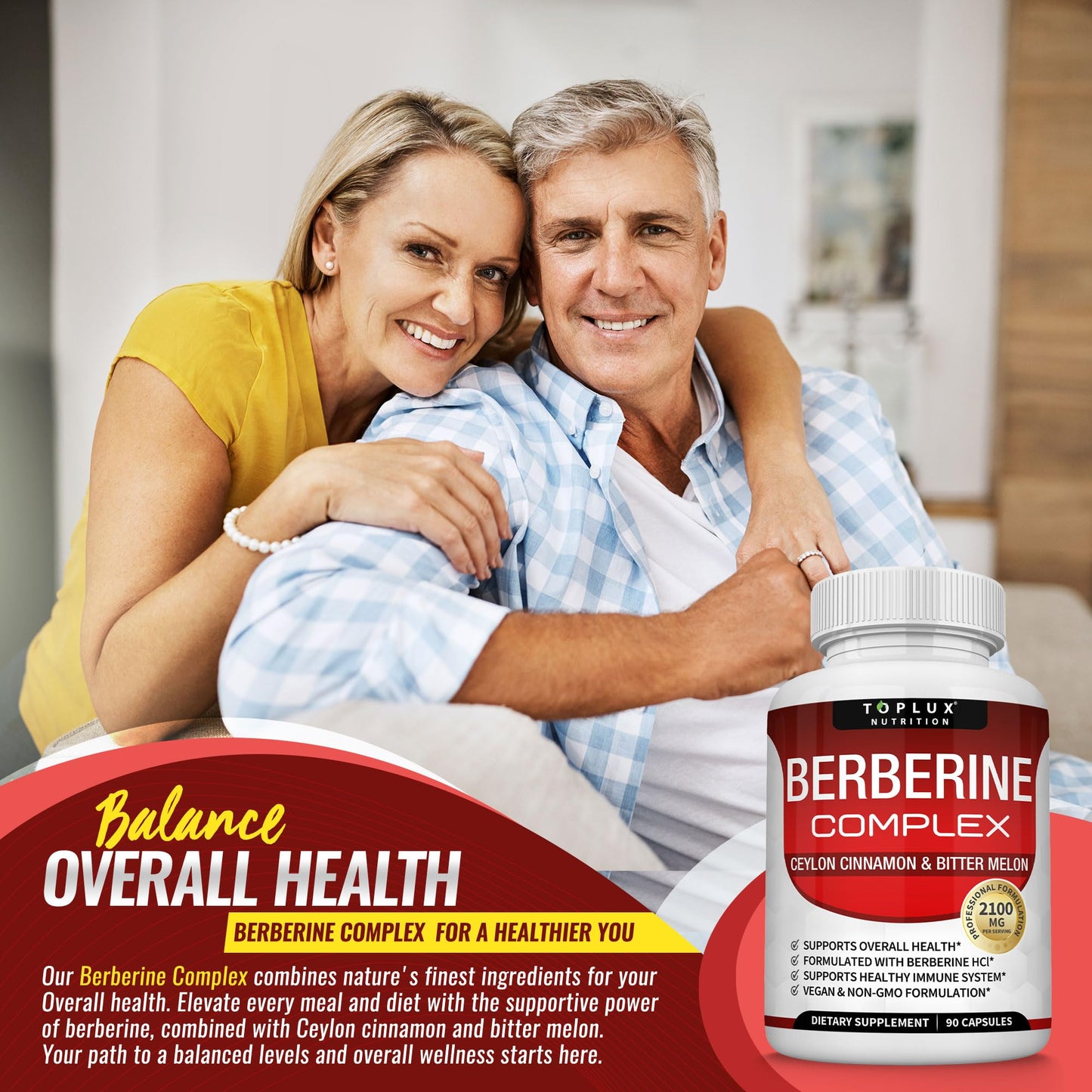 Toplux Berberine with Ceylon Cinnamon and Bitter Melon 2100mg - High Purity 97% HCL Berberine Supplement, 90 Capsules