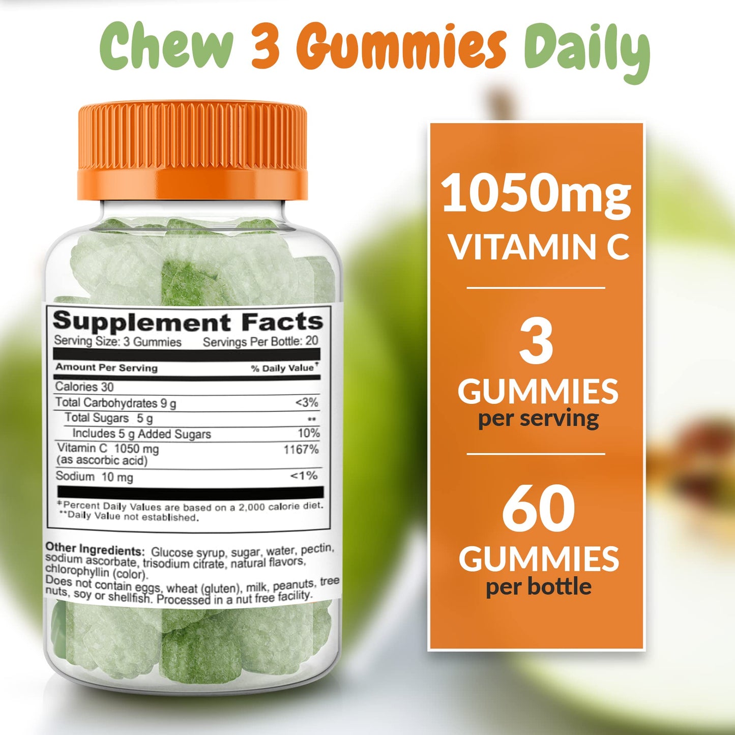 Health Supplied Vitamin C Gummies Mega Dose 1050 mg Vitamin C, 60 Gummies