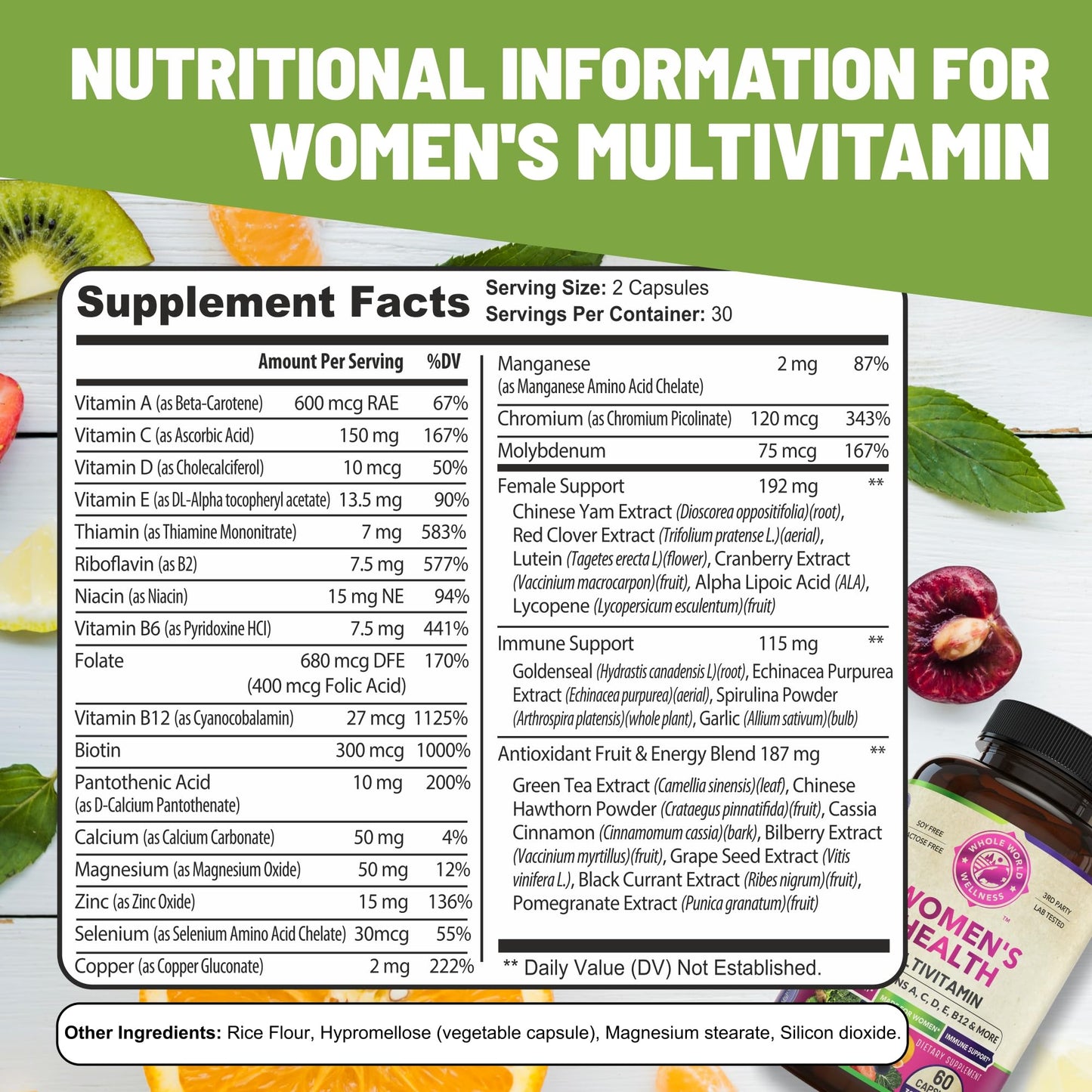 WHOLE WORLD WELLNESS Womens Daily Multivitamin Multimineral Capsule for Energy, Mood, Focus, Hair, Skin & Nails, 60 Count