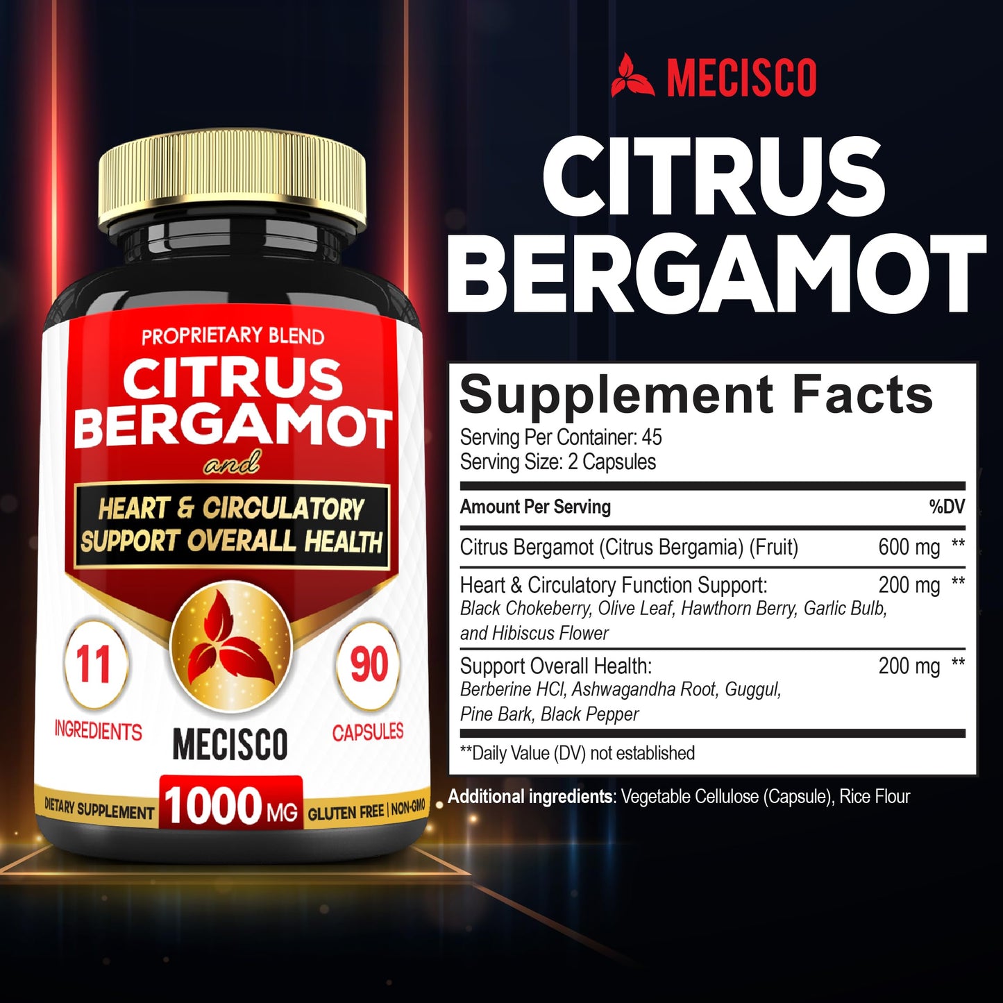 Mecisco 11 in 1 Citrus Bergamot Supplement 1000mg with Black Chokeberry, Berberine HCl & More Capsules, 90 Capsules