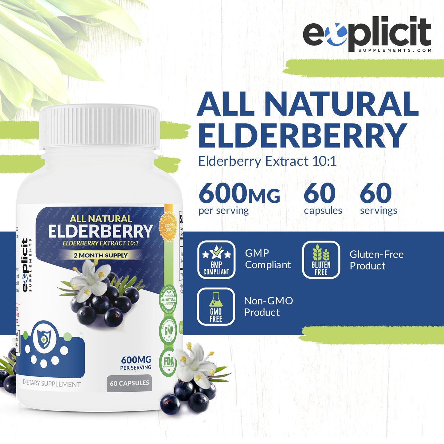 eXplicit Supplements All Natural Elderberry Supplement Capsules 60 Count