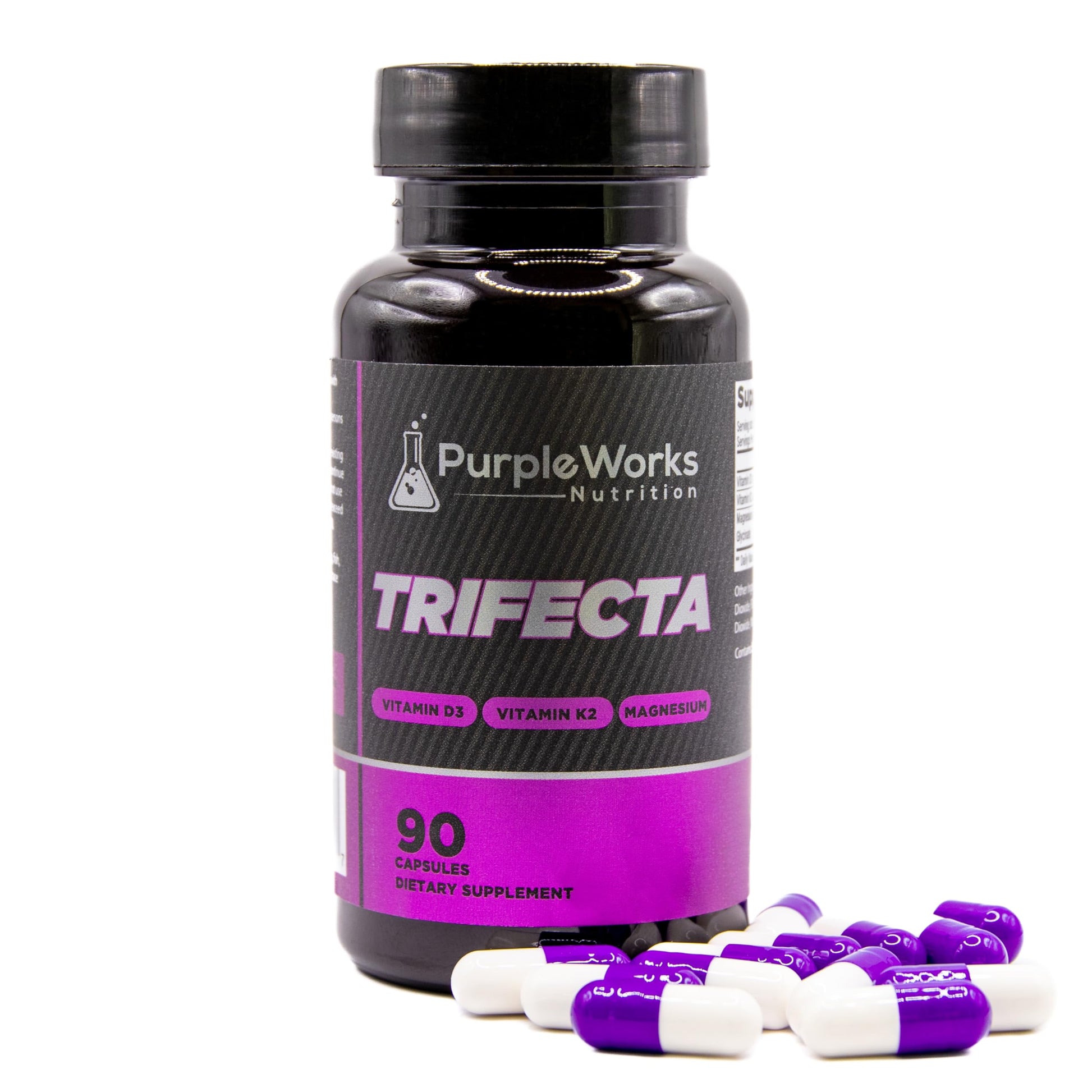 PurpleWorks Nutrition Trifecta Vitamin D3 K2 Magnesium Capsules 2000IU, 120mcg K2, 120mg Magnesium 90 Count