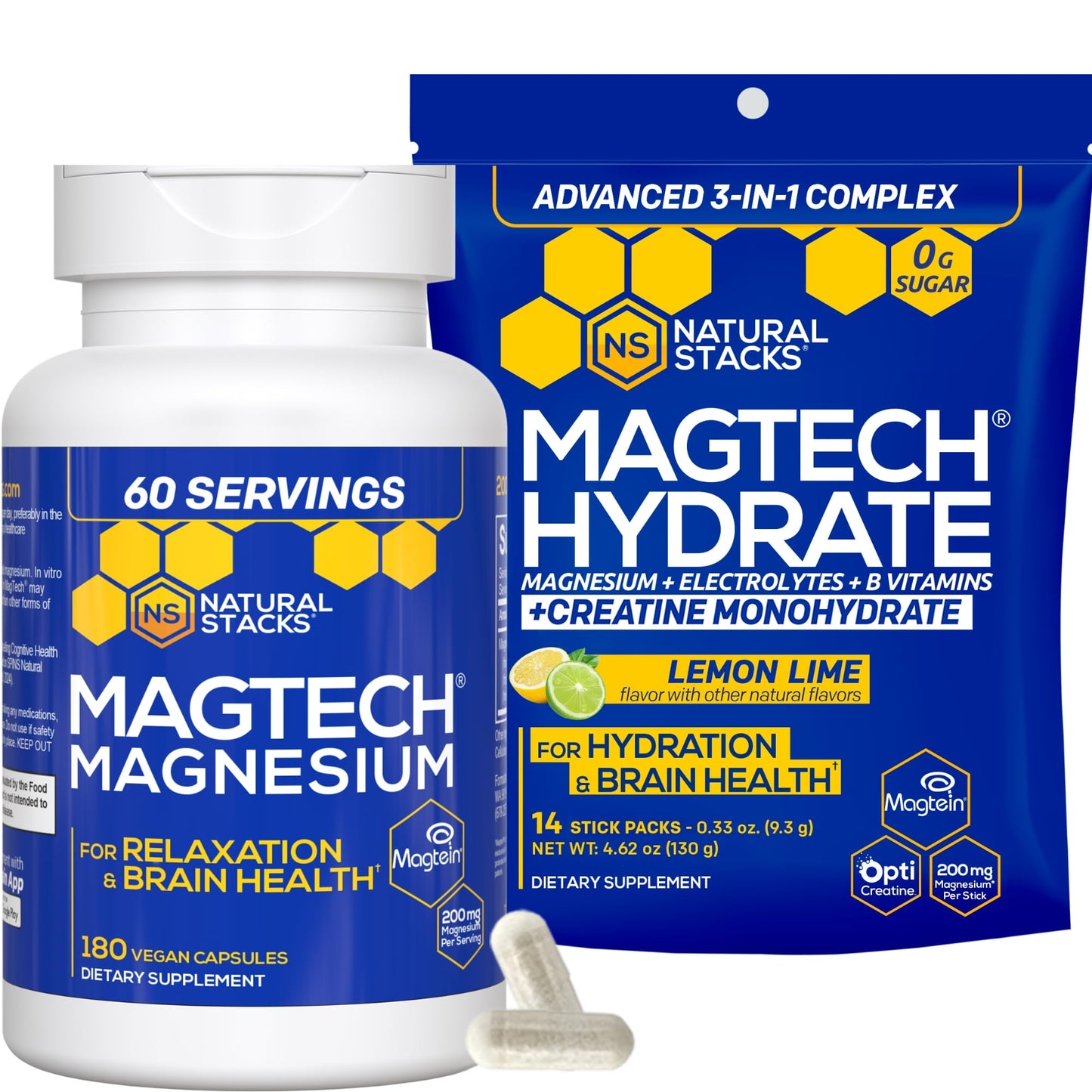 Natural Stacks Magtech Magnesium Capsules + Hydration Creatine Powder Bundle, 74 Total Servings