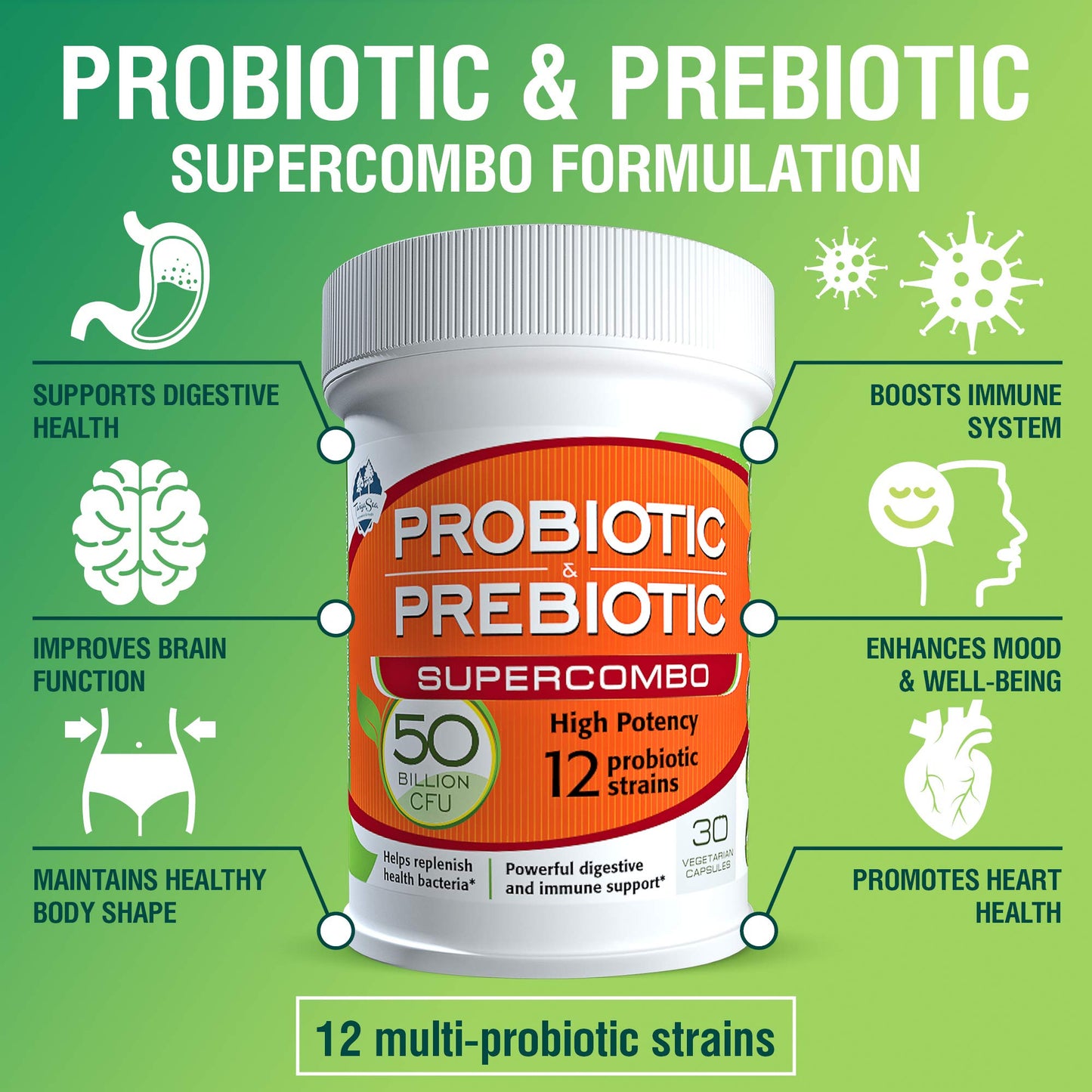TAIGASEA 50 Billion CFU Prebiotic and Probiotic Supplement for Women and Men, 12 Strains, Daily Immune Support and Digestive Health, 30 Capsules