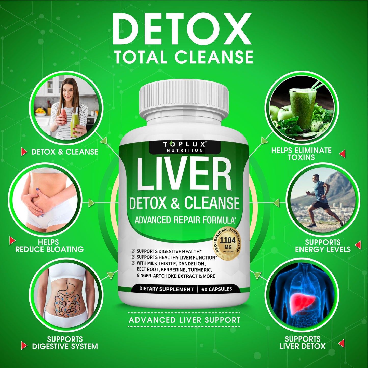 Toplux Liver Cleanse Detox & Repair Formula Liver Detox Supplement – Milk Thistle with Dandelion, Artichoke, Turmeric, Beet Root, Turmeric & More for Natural Fast Herbal Cleansing Non-GMO Vegan 60 Capsules