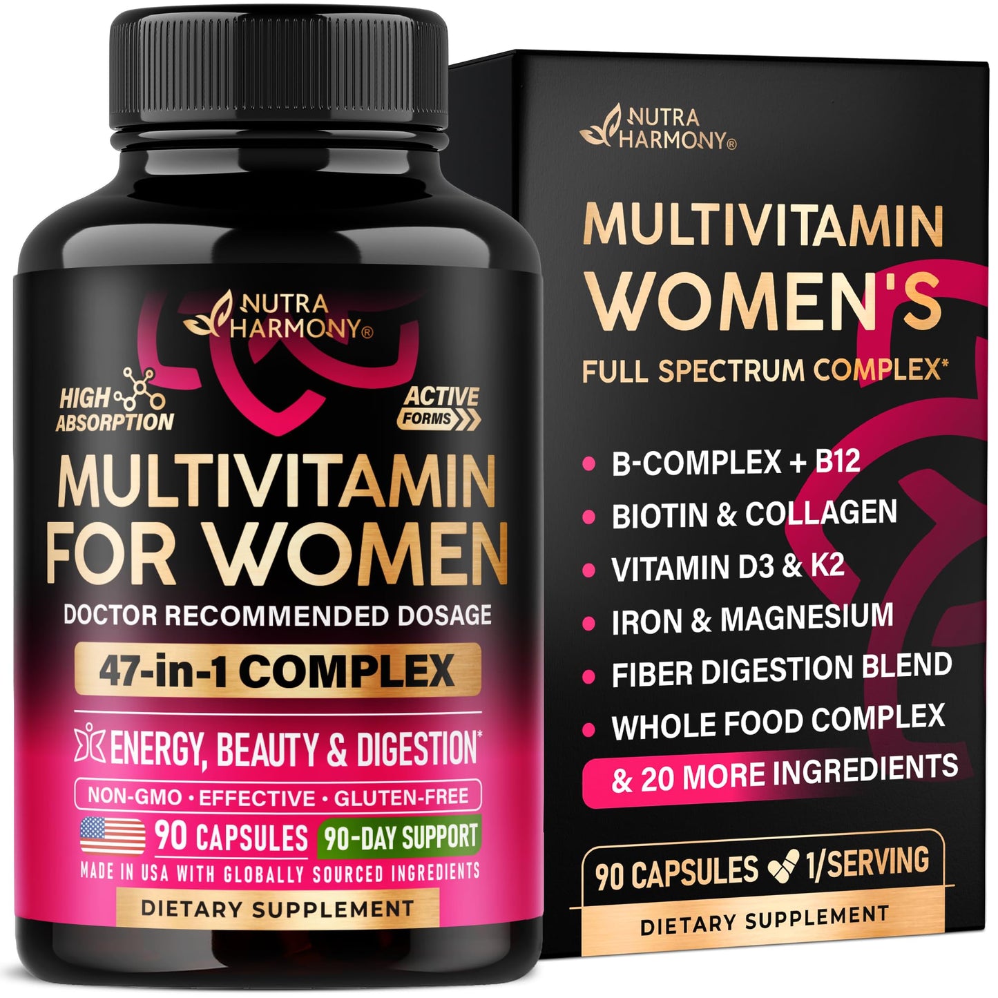 NutraHarmony Multivitamin for Women 47-in-1 B-Complex, Biotin, D3 & K2, Iron Capsules 90 Count