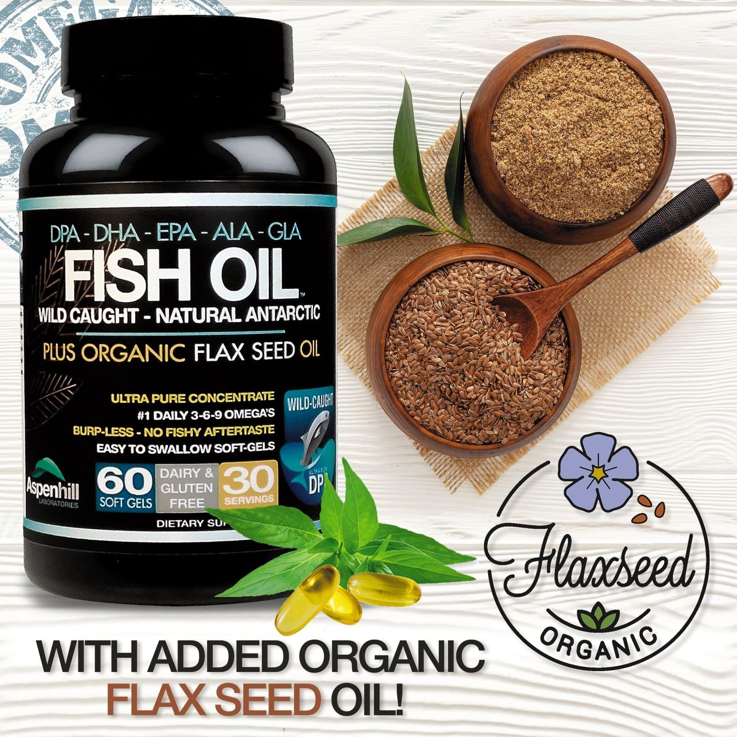 Aspenhill Laboratories Triple Strength Wild-Caught Antarctic Fish Oil Omega-3 with Organic Flax Seed, Omega Ultra Blend DPA EPA DHA GLA ALA Softgels 60