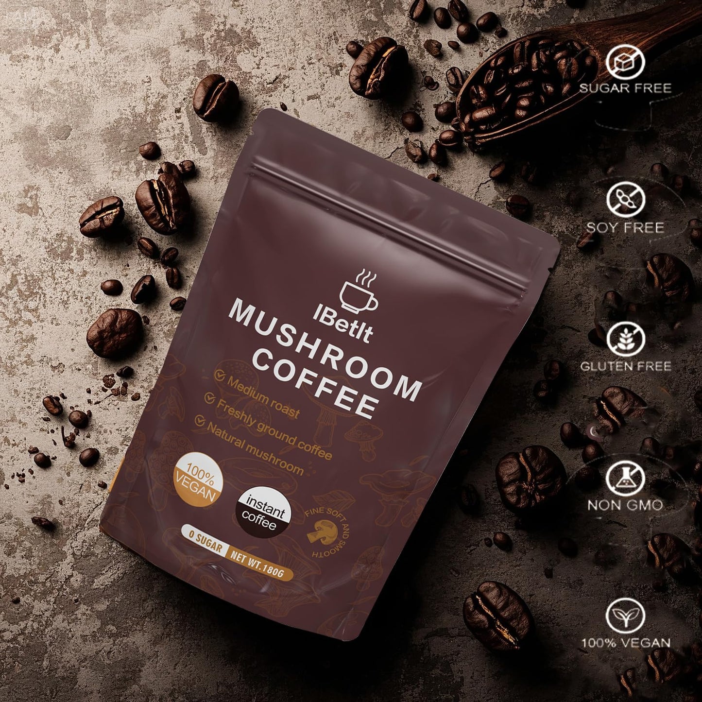 IBetIt Organic Mushroom Coffee with 6 Adaptogenic Mushrooms (Cordyceps, Reishi, King Trumpet, Shiitake, Turkey Tail, Lion's Mane) Powder, Enhanced Energy, Focus & Immunity, 6.5 oz