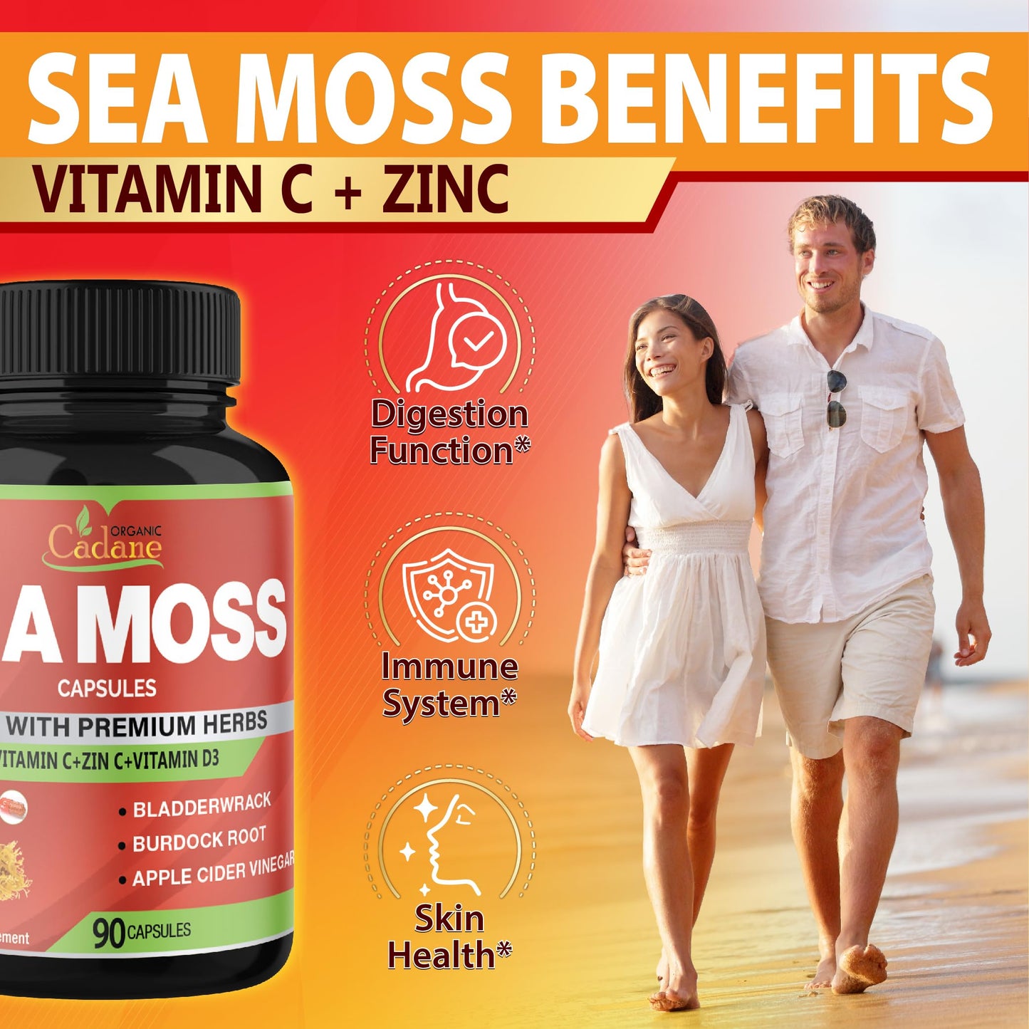 Organic Cadane Irish Sea Moss Extract Capsules 9in1 with VitC, VitD, Bladderwrack, Burdock Root, Elderberry & More – Immune Support & Overall Health, 90 Capsules
