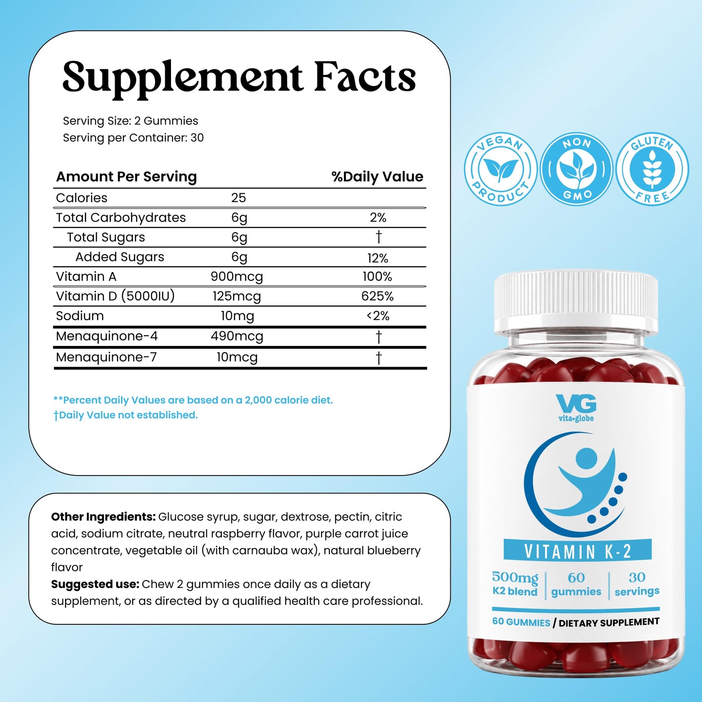 VITA GLOBE Vitamin K2 Gummy Vitamins 60 Count