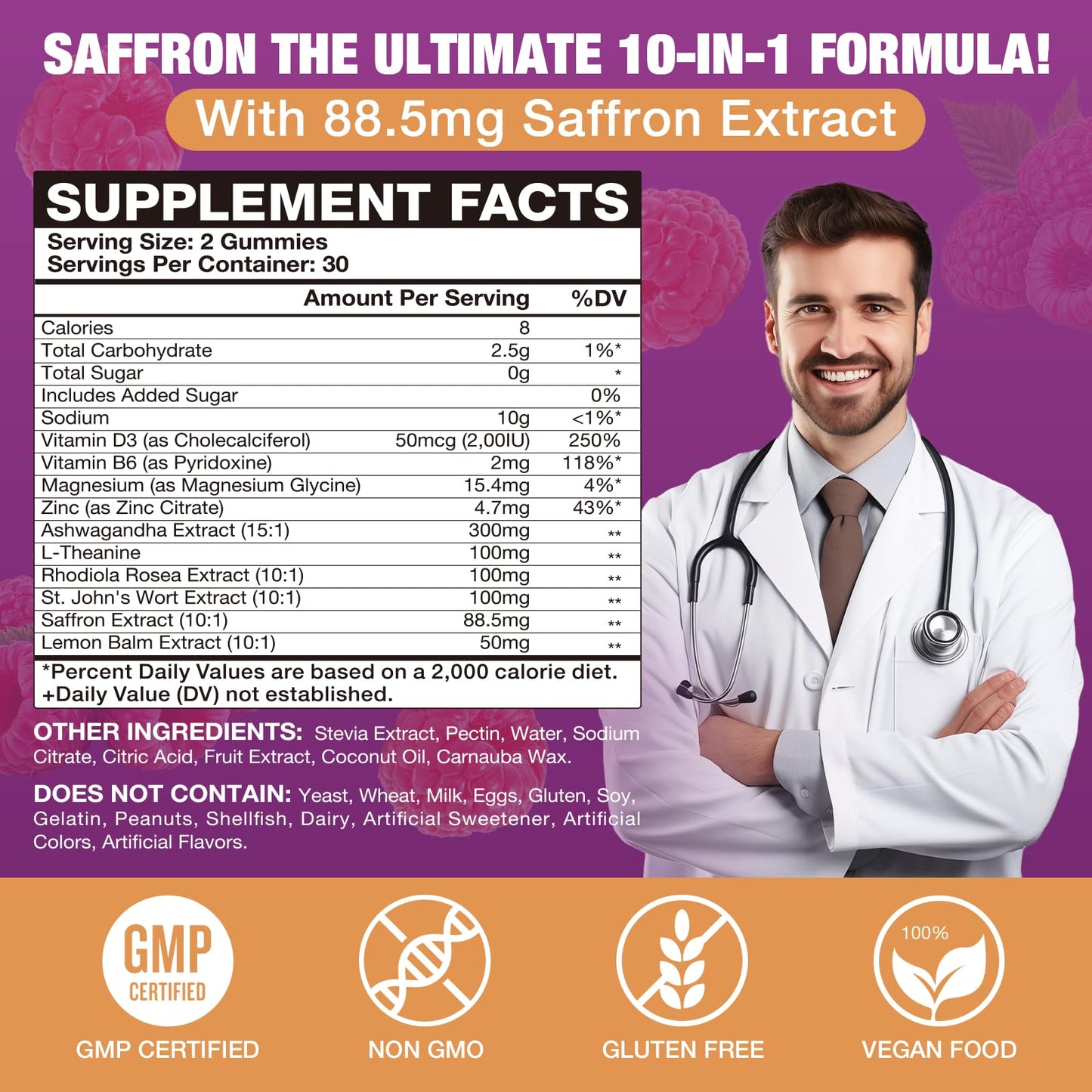 VAJYKEWJY Saffron Gummies (88.5 mg) with Magnesium — Enhanced with St. John’s Wort, Rhodiola, Ashwagandha & Vitamins B6, B12, D3 for Mood & Focus Support, 60 Gummies