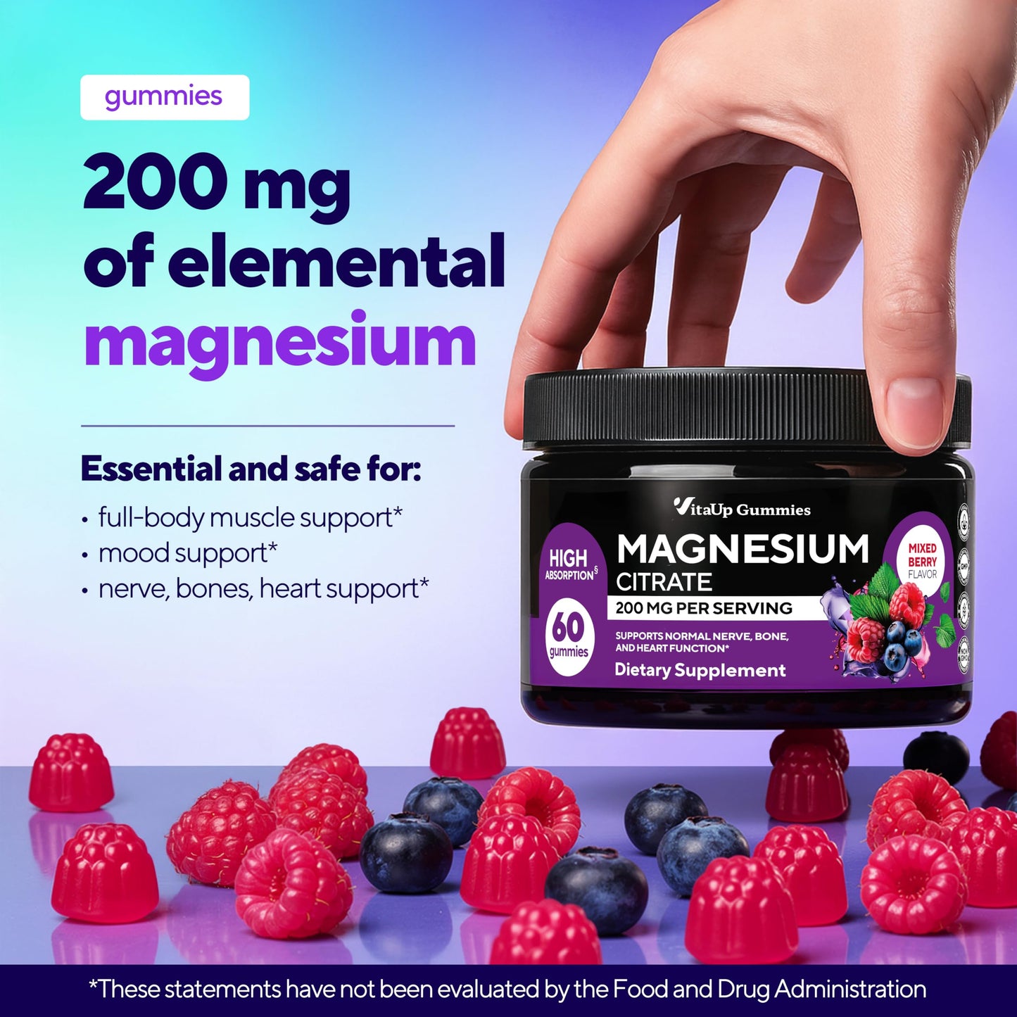 VitaUp Magnesium Gummies for Women 200 mg – High Absorption Magnesium Citrate – Chewable Supplement for Adults to Support Normal Nerve, Bone & Heart Function – Vegan Chews, 60 Gummies