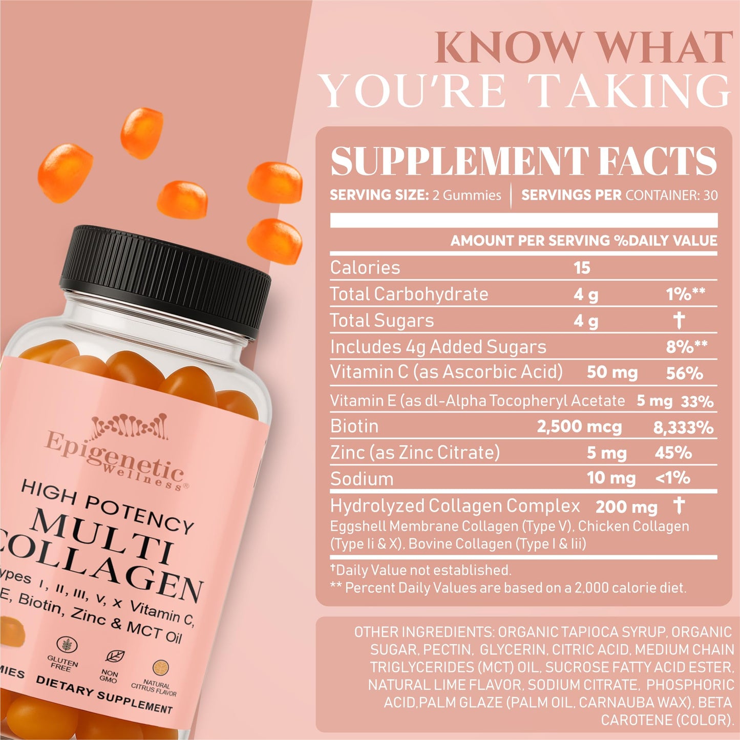 Epigenetic Wellness High Potency Multi Collagen Gummies with Types I, II, III, V and X, Vitamin C, E, Biotin and Zinc for Skin Elasticity, Joint Support, Hair and Nail Health — 60 Gummies