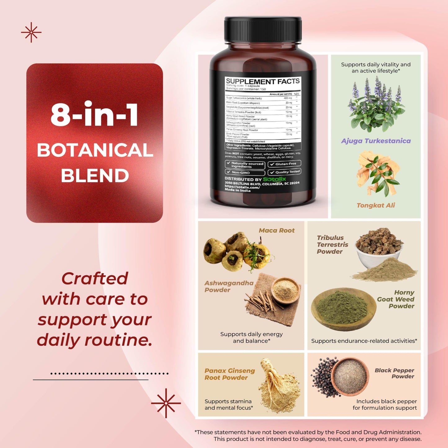 SOTALIX SUPPLEMENT Ultra Turkesterone Ajuga Turkestanica Standardized 20% Turkesterone High Potency with Maca Root Tribulus Terrestris Capsule 150