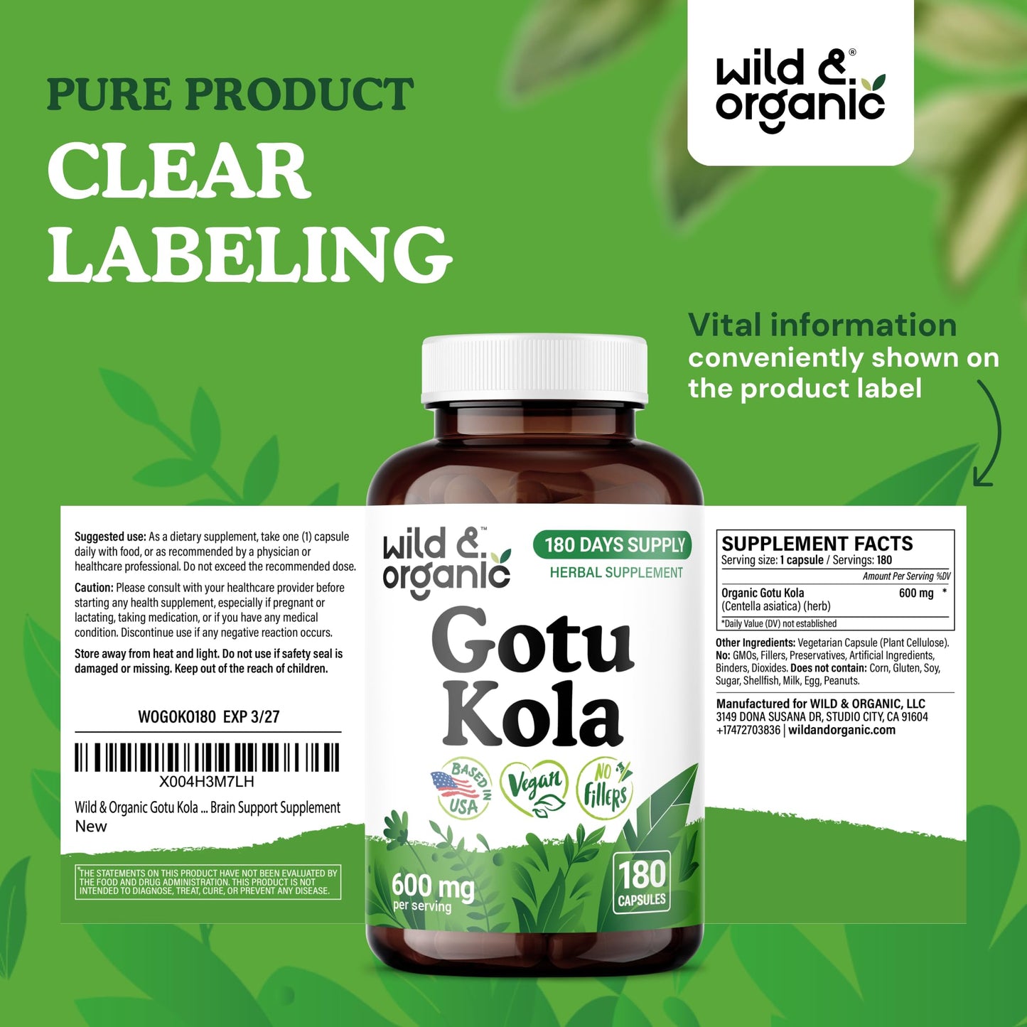 Wild & Organic Gotu Kola Capsules 600 mg - Brain Support - 180 Count