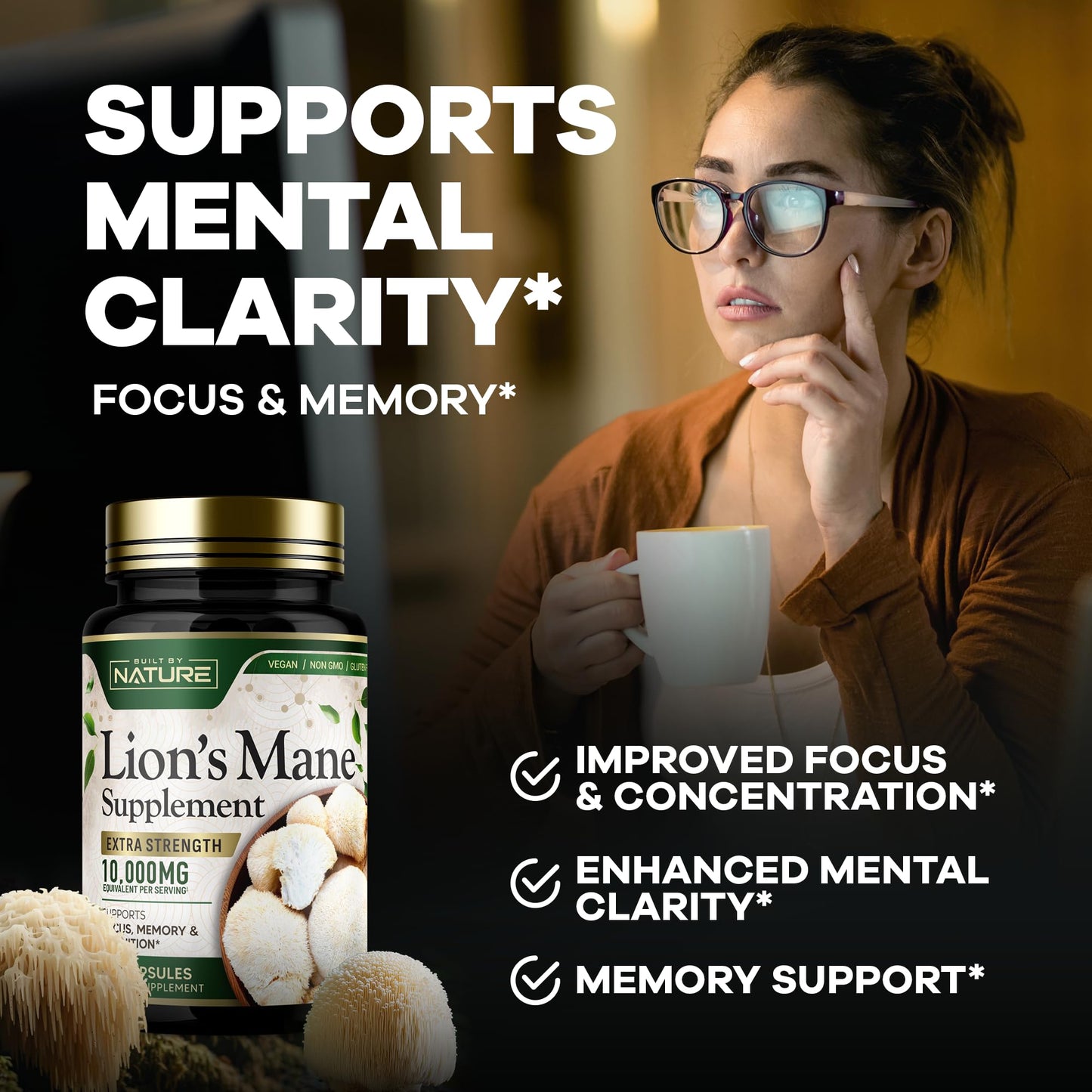 Built by Nature Lion’s Mane Extra Strength Mushroom Supplement for Nootropic Brain Support – Focus, Memory and Cognitive Function Capsules, 60 Capsules