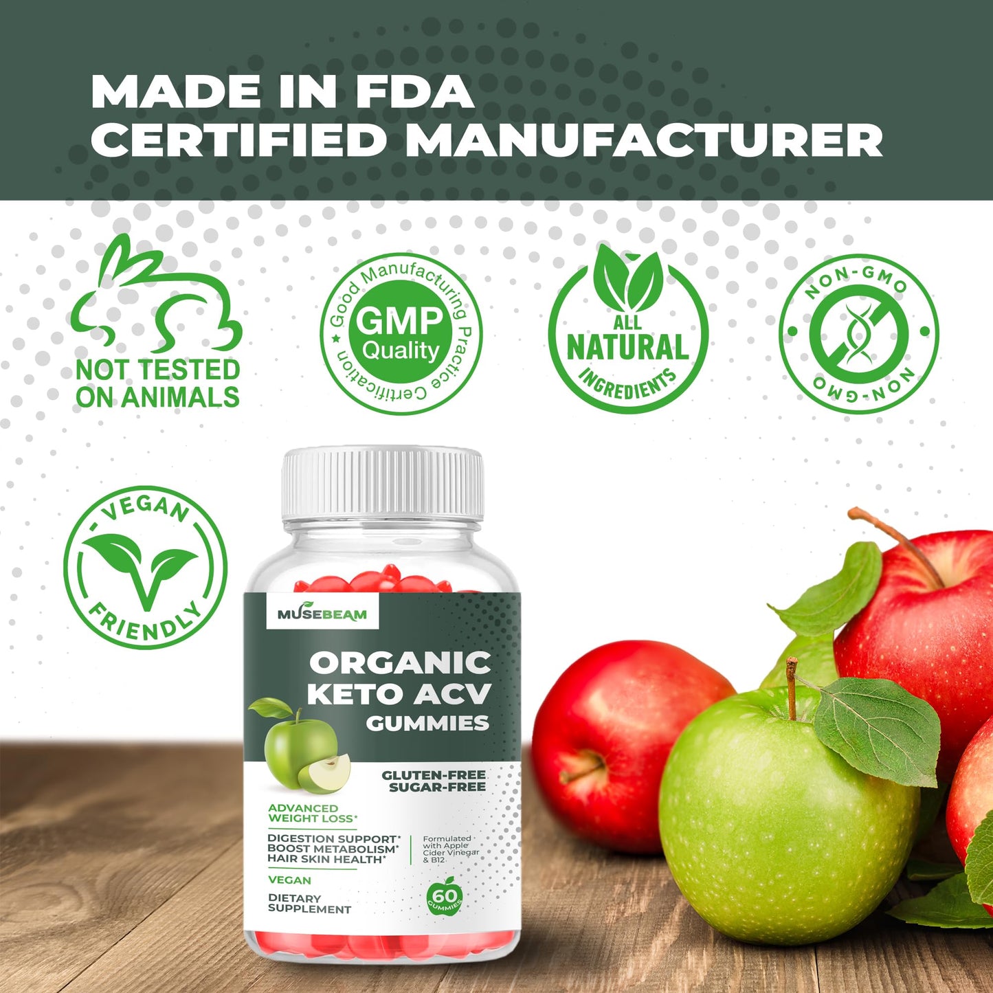 Musebeam Organic Keto ACV Gummies Advanced Weight Loss - Gluten & Sugar Free Belly Fat Burner Apple Cider Vinegar Diet Supplement for Women and Men (1000mg) 60 Gummies