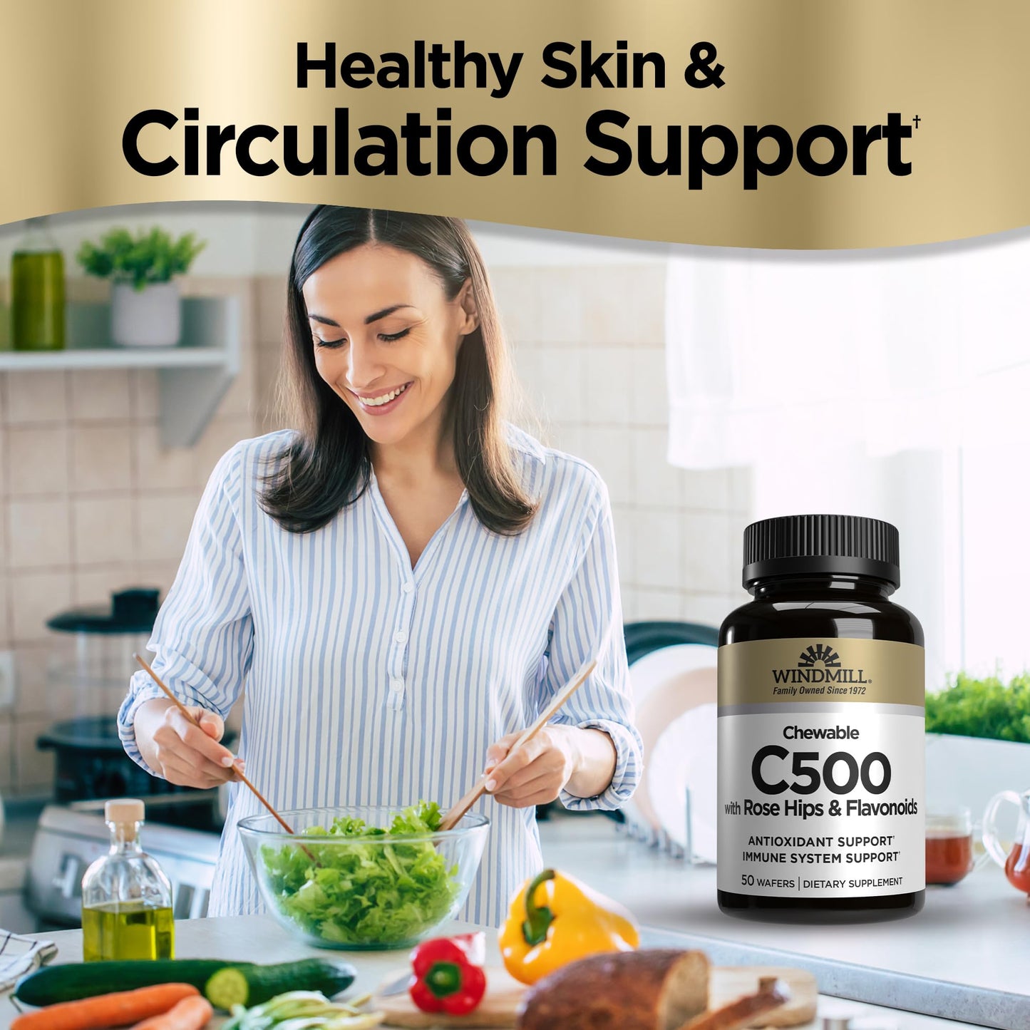 Windmill Vitamin C 500 mg with Rose Hips and Bioflavonoids Chewable Tablets, Acerola Berry, 50 Tablets