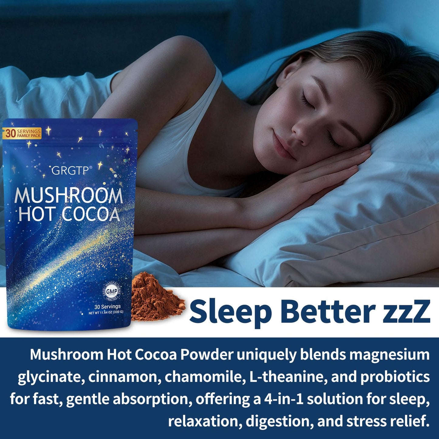 GRGTP Mushroom Hot Cocoa Reishi & L-Theanine Adaptogenic Hot Chocolate Mix with Melatonin & Glycine for Sleep Support, Stress Relief, and Relaxation Powder, 11.64 Ounce