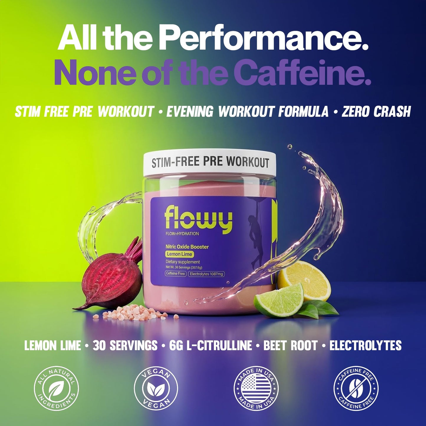 Flowy Stim Free Pre Workout - Non Stim Preworkout for Evening Training, 6000mg L-Citrulline + 1087mg Electrolytes, Caffeine Free Nitric Oxide Booster, Lemon Lime, Powder, 12.61 Ounce