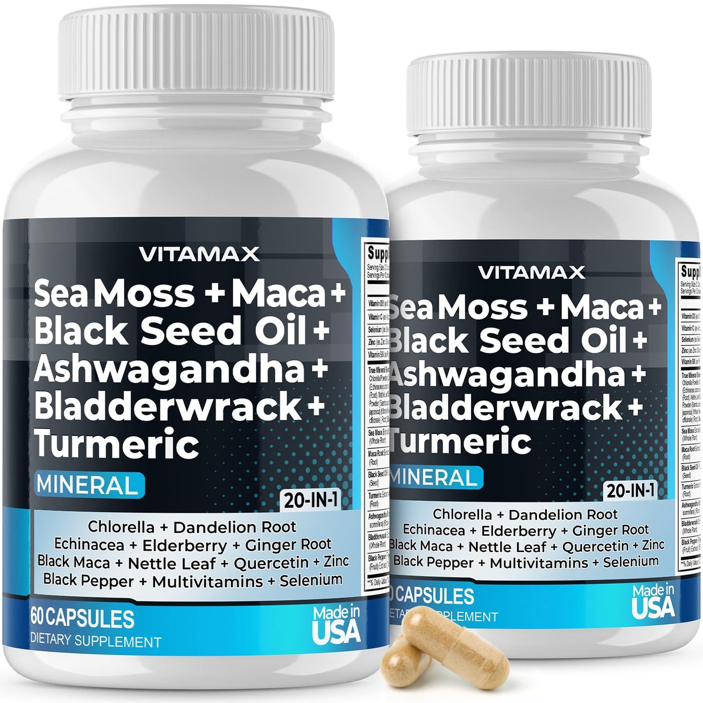 Vitamax Sea Moss Maca Black Seed Oil Ashwagandha Bladderwrack Turmeric Elderberry Vitamins C & D3 Dandelion & Black Pepper, 60 Capsules