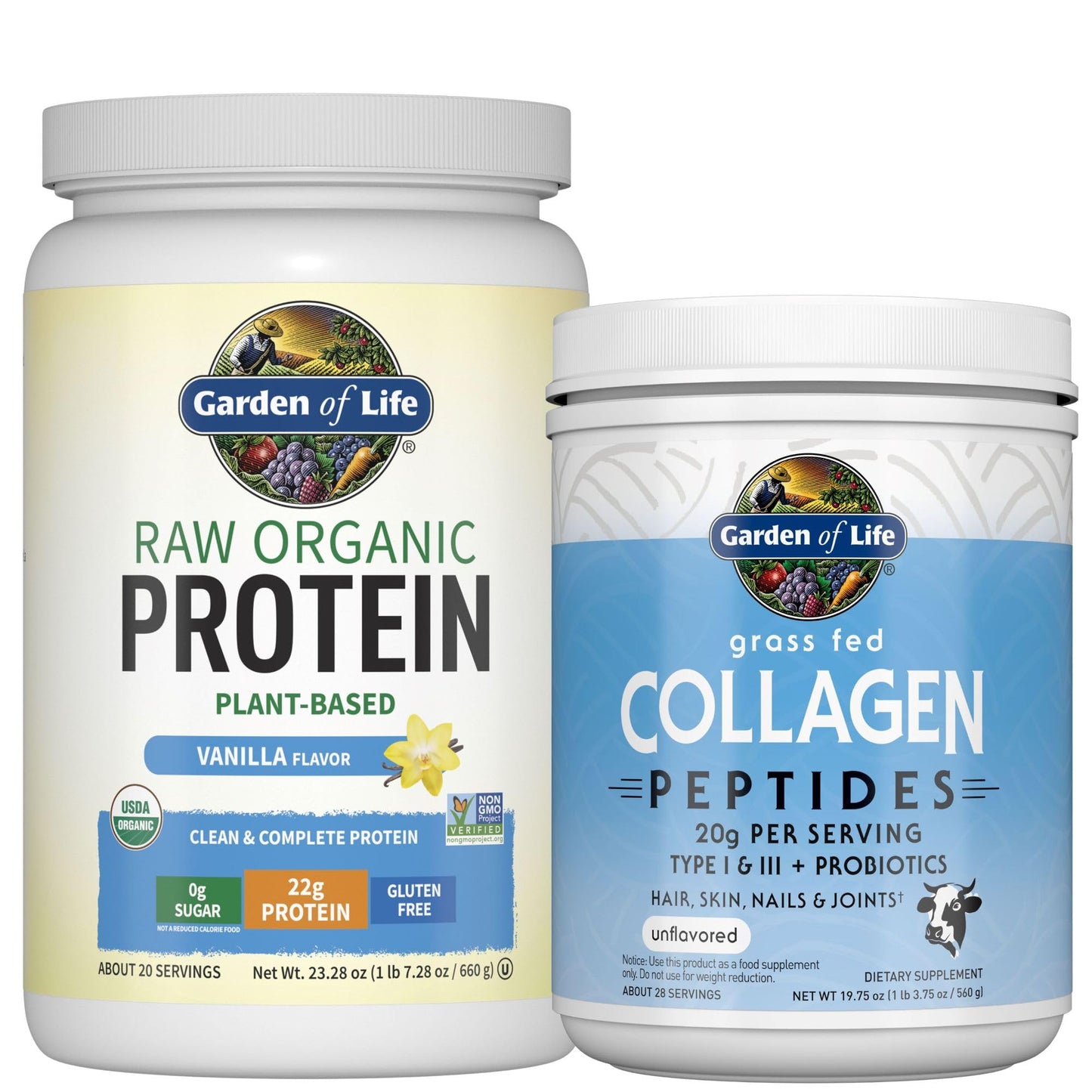 Garden of Life Power Bundle – Collagen Peptides Powder Unflavored, 28 Servings + Vegan Vanilla Protein Powder with BCAAs, Probiotics & Enzymes, 20 Servings
