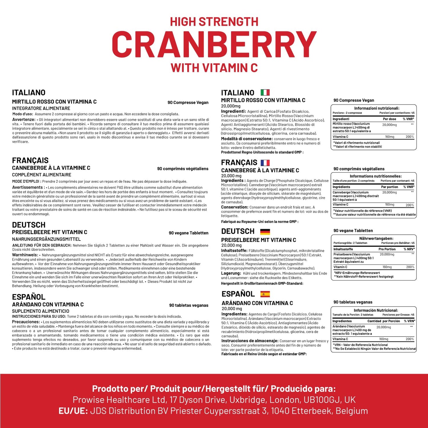 PH PROWISE Healthcare Double Strength Cranberry 20,000mg Added with Vitamin C Tablets - 90 Count