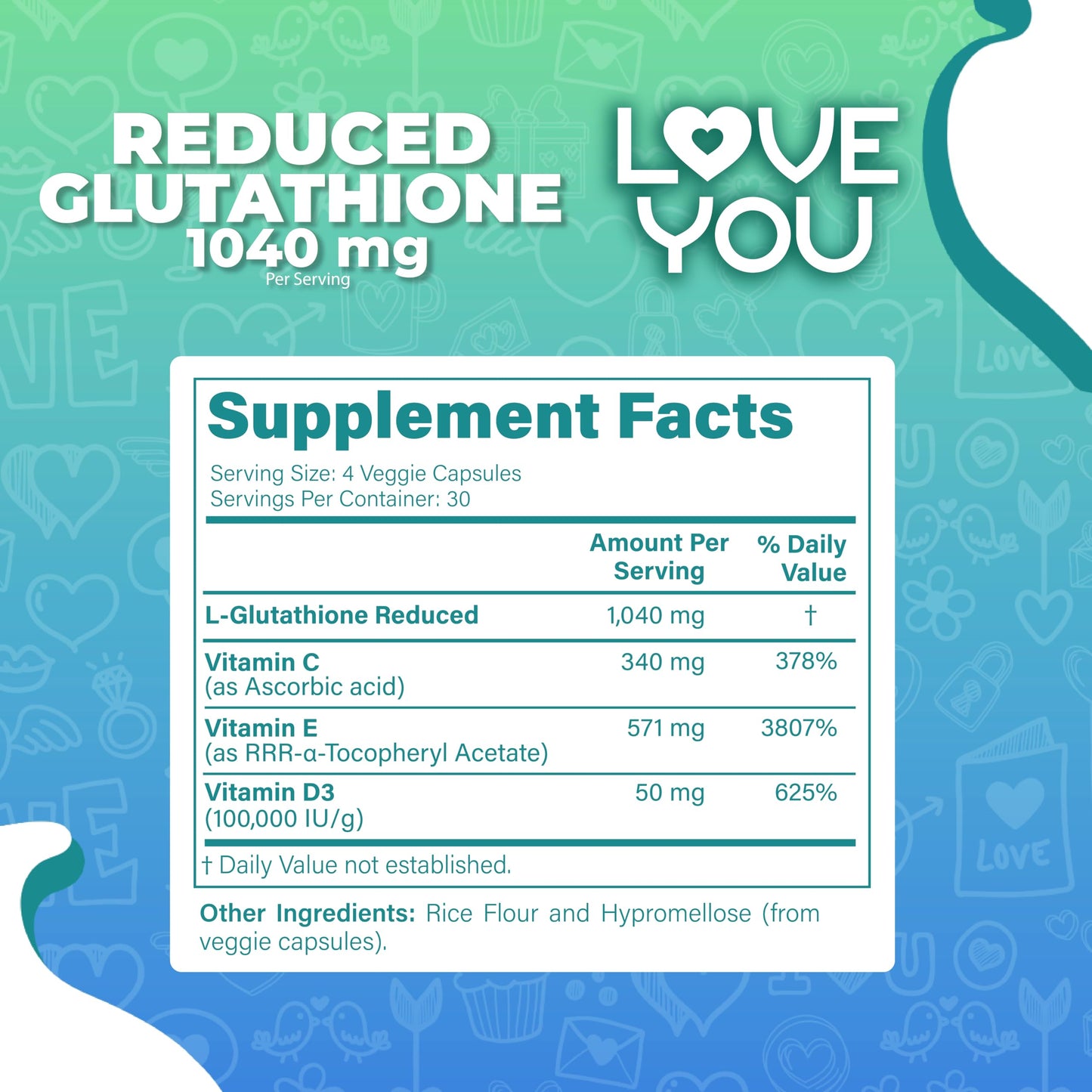 Love You Reduced Glutathione 98% Purity 1040 mg + Vitamin C, E & D3 Intracellular Antioxidant, 120 Capsules
