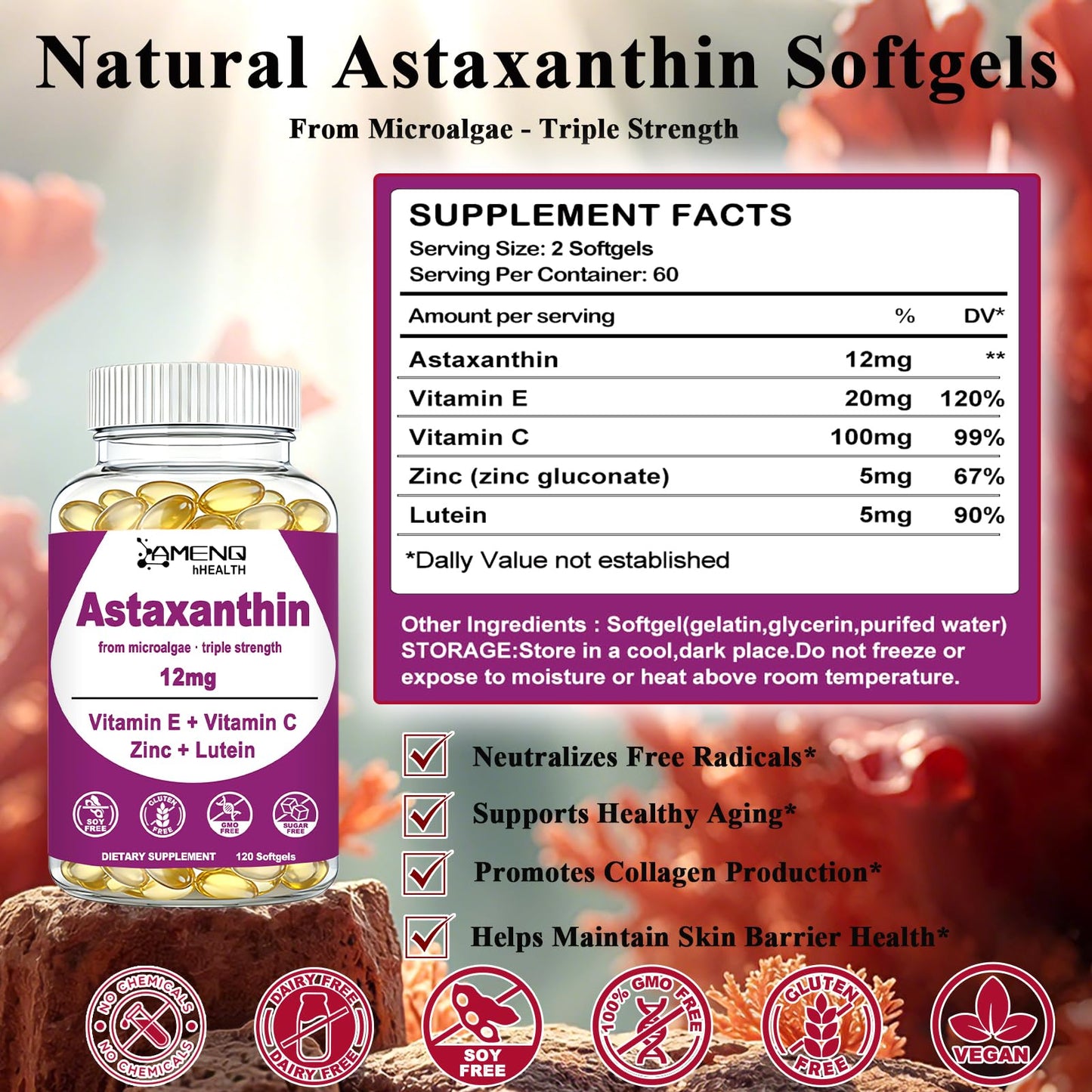 AMENQ hHEALTH Astaxanthin 12mg Softgels, 120 Count