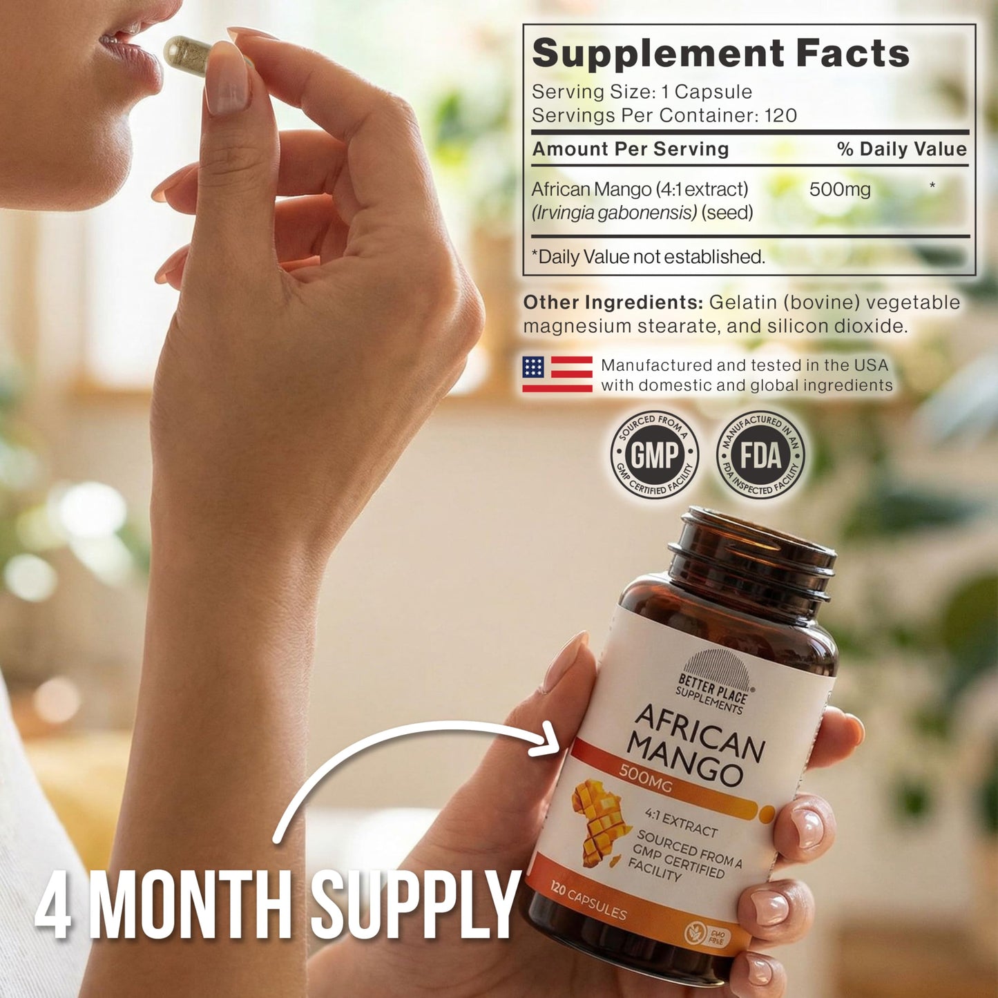 Better Place Organics African Mango Extract 4:1 Concentrate 500mg Capsules, 120 Count