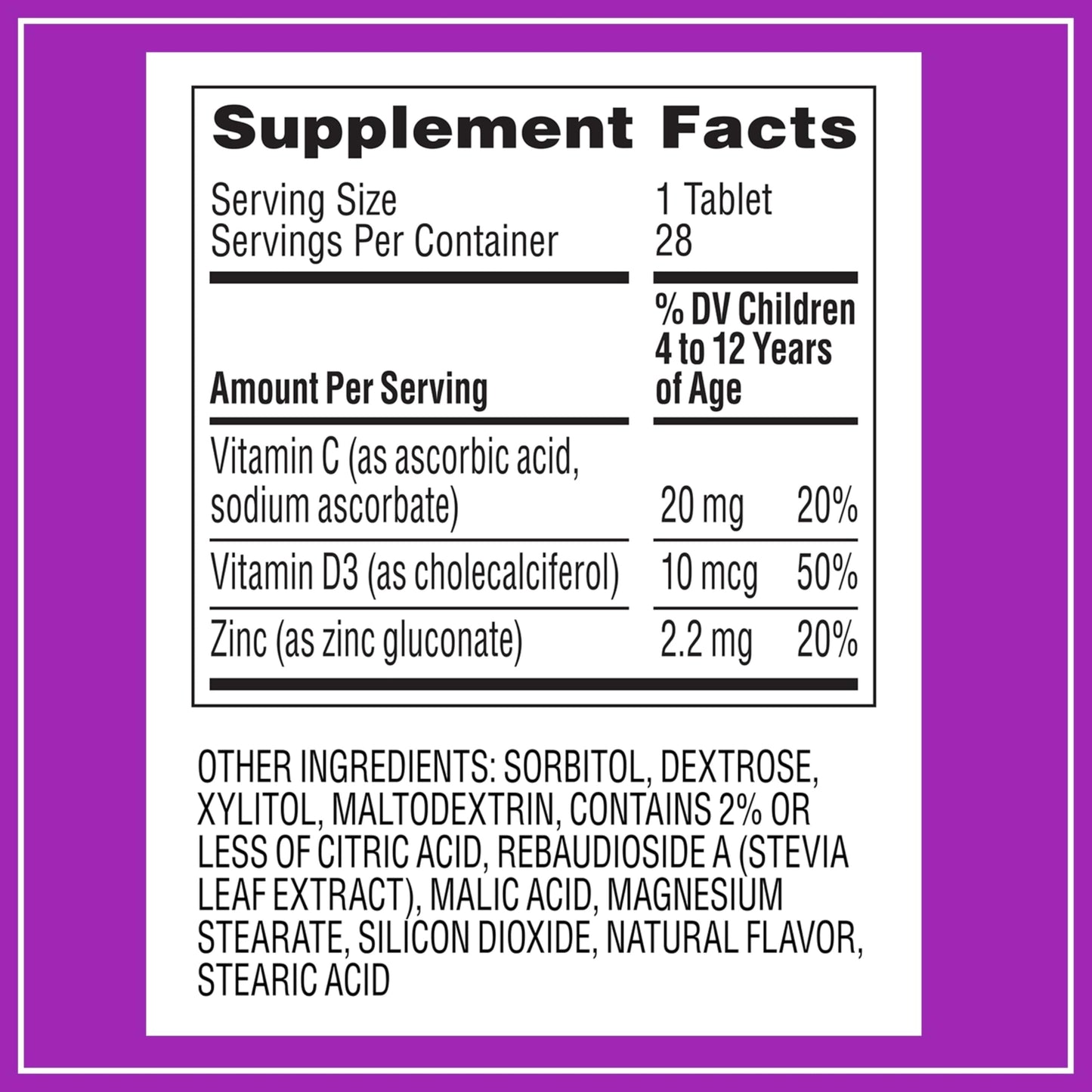 Zarbee's Kids Immune Support Vitamin C, D & Zinc Daily Immunity Vitamins for Children 4+ Years Chewable, 28 Tablets