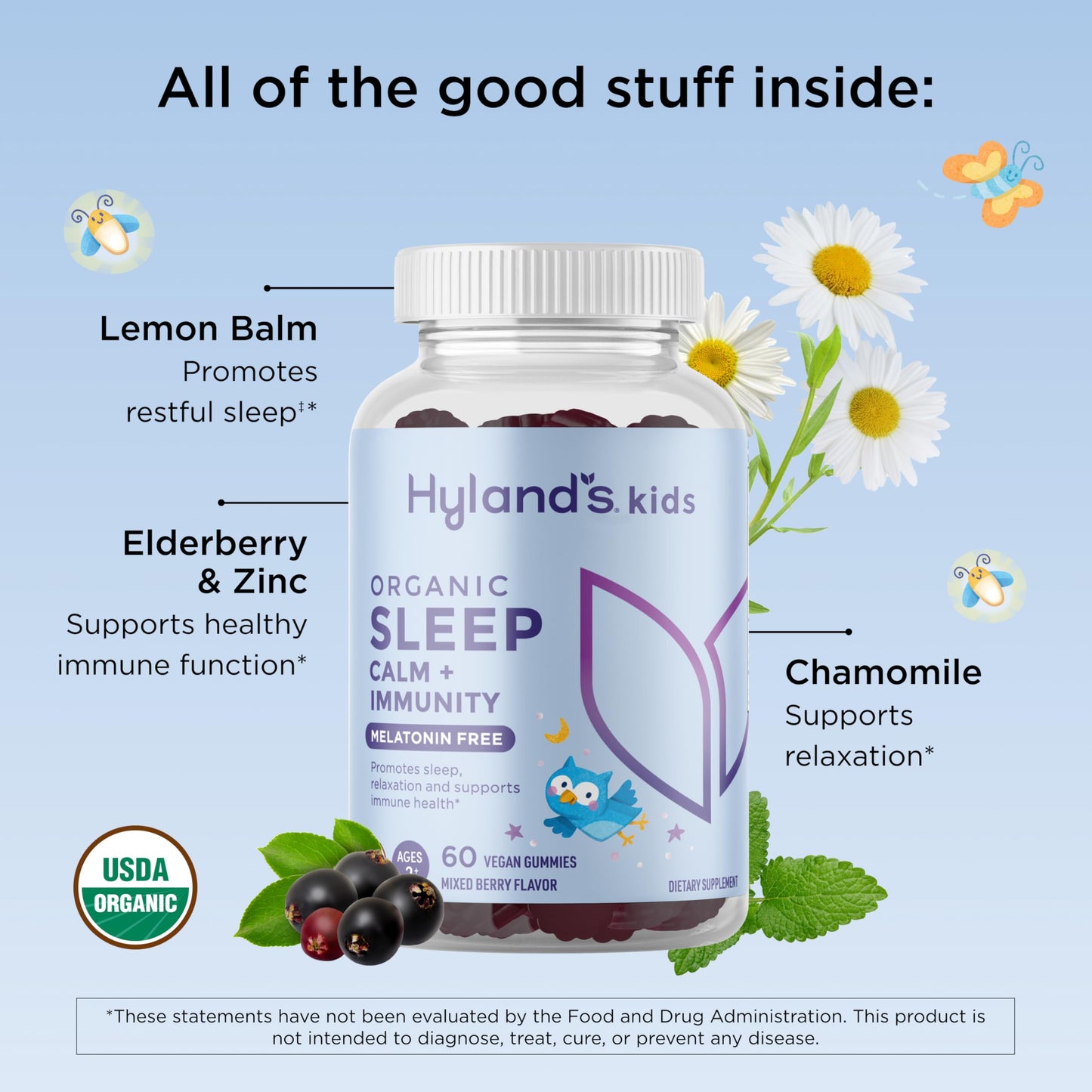 Hyland's Kids Melatonin Free Organic Sleep Aid Gummies with Calm & Immune Support - with Vitamin C, Zinc, Elderberry, Lemon Balm & Chamomile, Helps with Sleeplessness & Restlessness, 60 Vegan Gummies