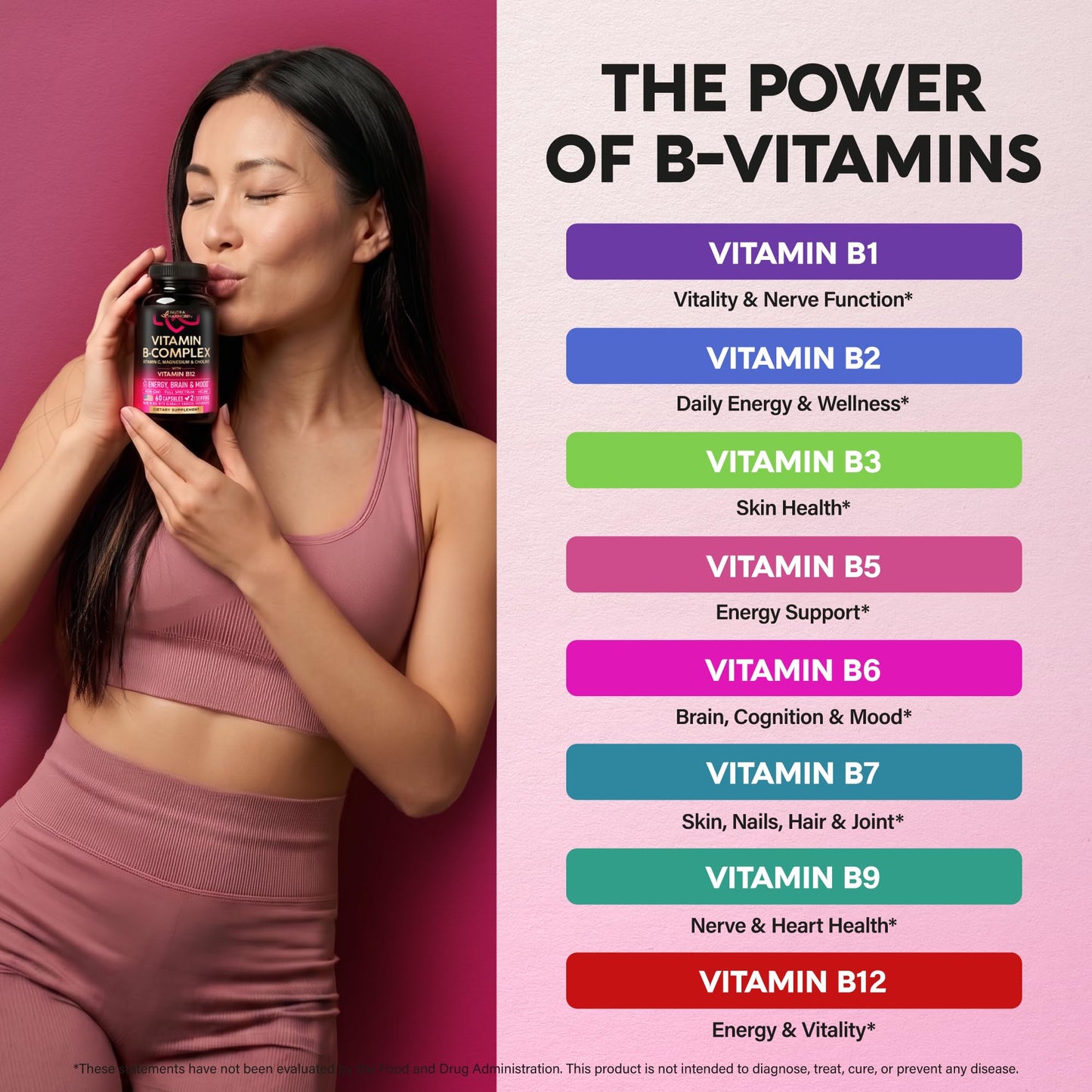 NUTRAHARMONY Vitamin B Complex for Men & Women - Made in USA - 11-in-1 B-Complex: B1, B2, B3, B5, B6, B7, B8, B9, B12 with Vitamin C, Choline, Inositol - Energy, Brain & Heart Support Supplement, 60 Capsules