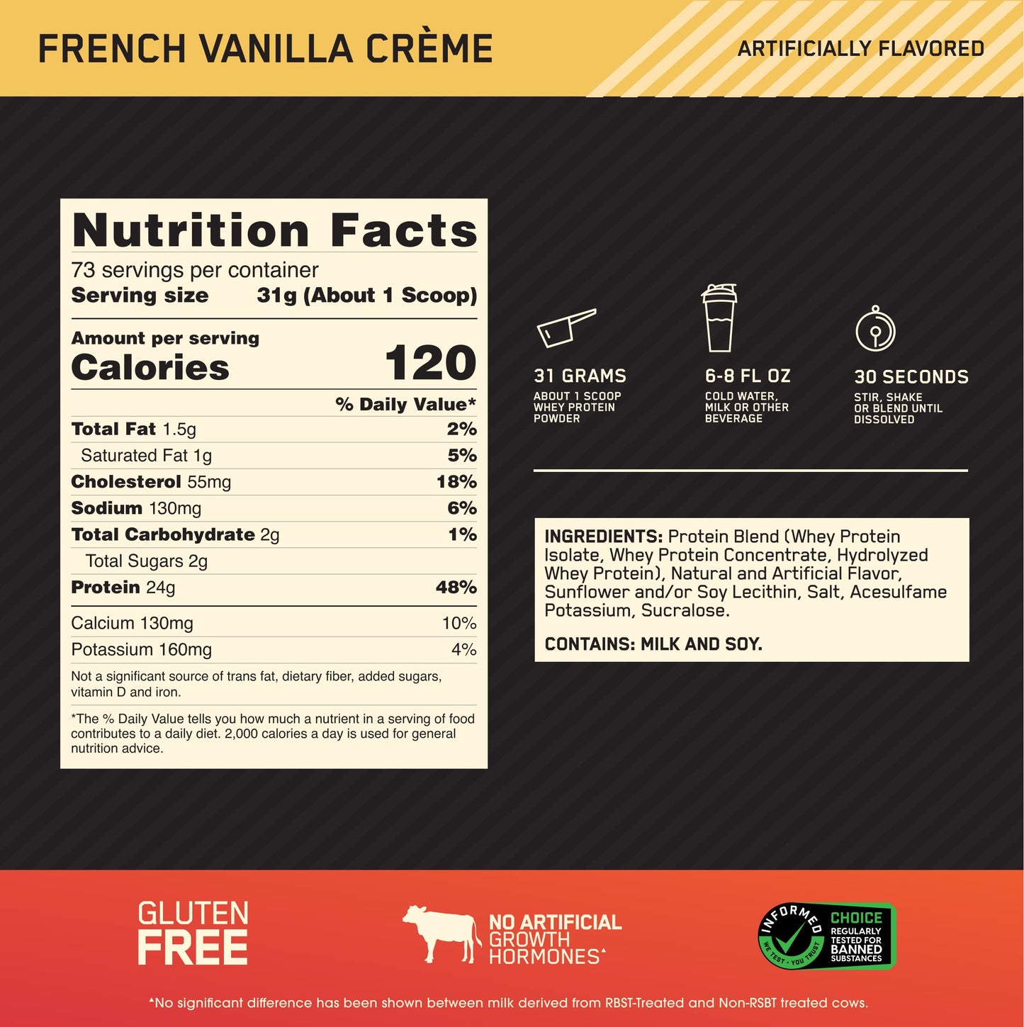 Optimum Nutrition Gold Standard 100% Whey Protein Powder, French Vanilla Crème, 5 Pound, 80 Servings