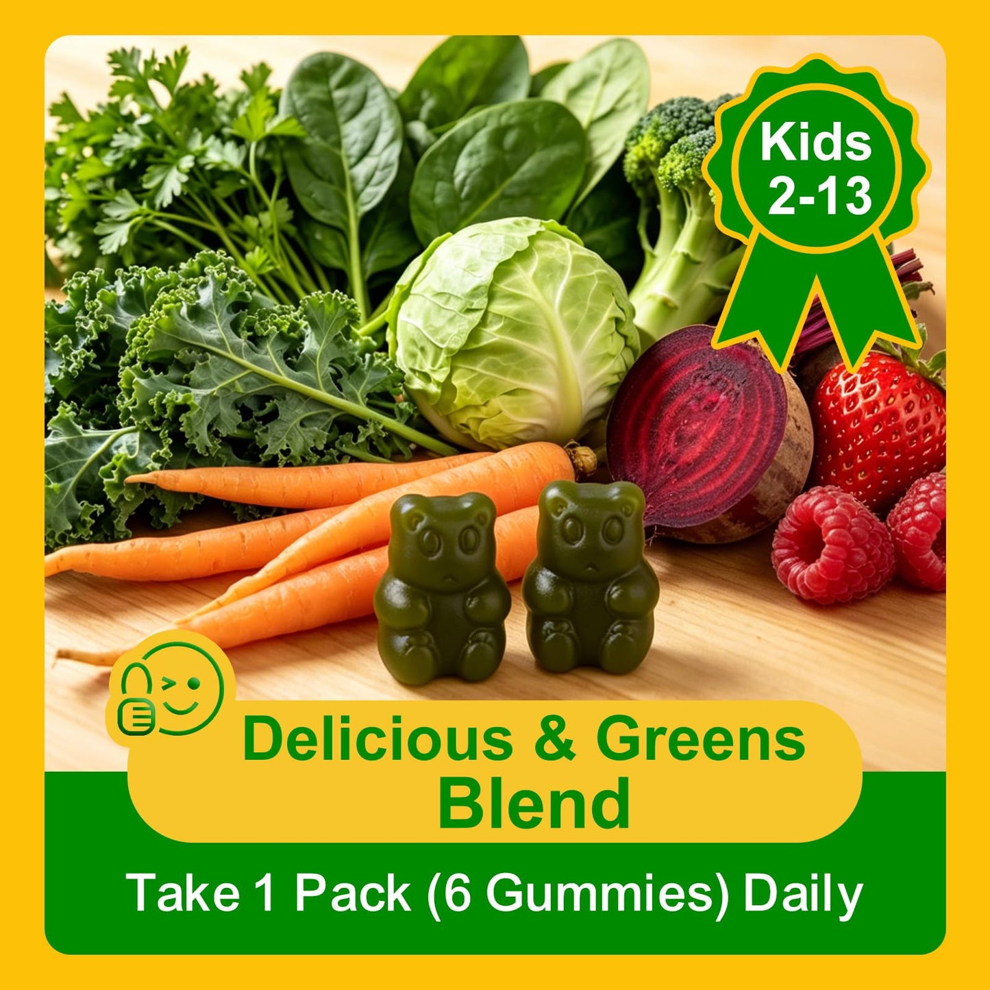 Tecepec Sugar Free Greens Daily Gummies for Kids - Superfood Fruits Veggies Blend with Spirulina, Chlorella, Prebiotics & Fiber, Adaptogens Multivitamin Supplement Digestive Health, Non-GMO, 90 Count