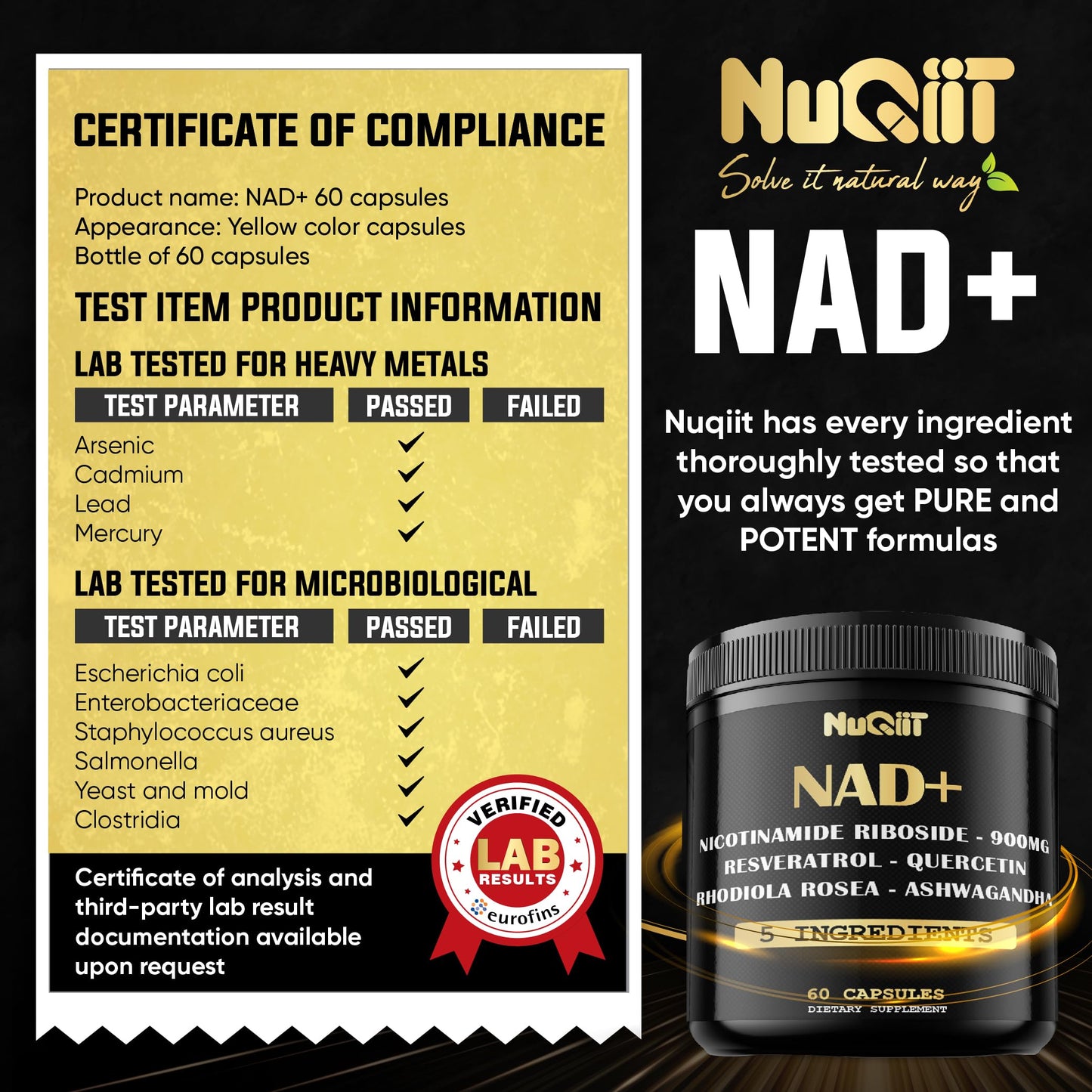NUQIIT NAD+ Supplement with Nicotinamide Riboside, Resveratrol, Quercetin, Turmeric, Rhodiola Rosea Capsule, 60 Count