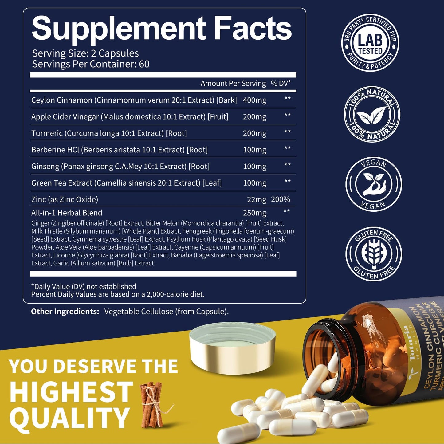 Totaria 18-in-1 Organic Ceylon Cinnamon Capsules with Berberine, 120 Capsules