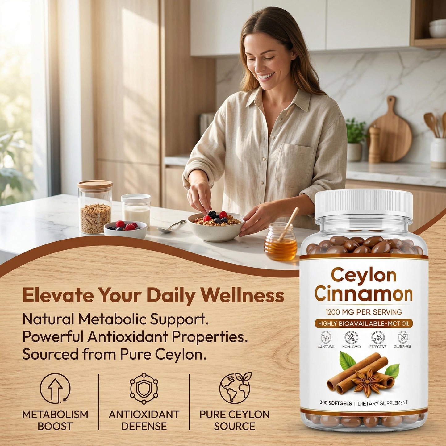 SUUDUUL Ceylon Cinnamon 1200mg Extract Supplement with MCT Oil Softgels 300