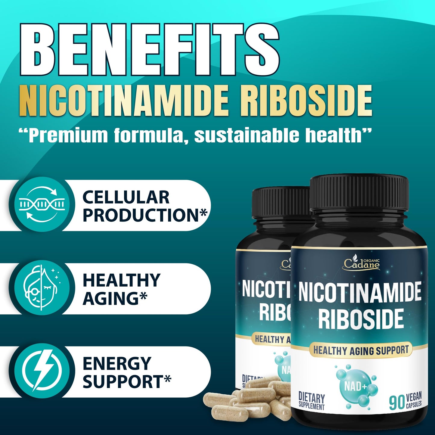 Organic Cadane Nicotinamide Riboside Supplement Capsules, 90 Count