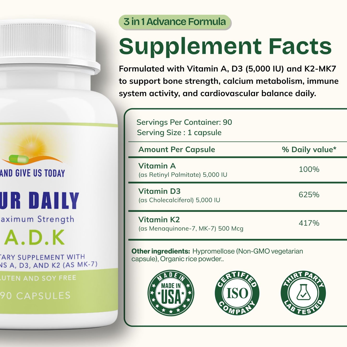 AND GIVE US TODAY OUR DAILY Daily Vites ADK Vitamin Supplement – Vitamins A, D3 & K2 (MK-7) for Bone Health, Calcium Absorption, Heart & Immune Support – Physician Formulated – Non-GMO, Gluten Free – 90 Capsules